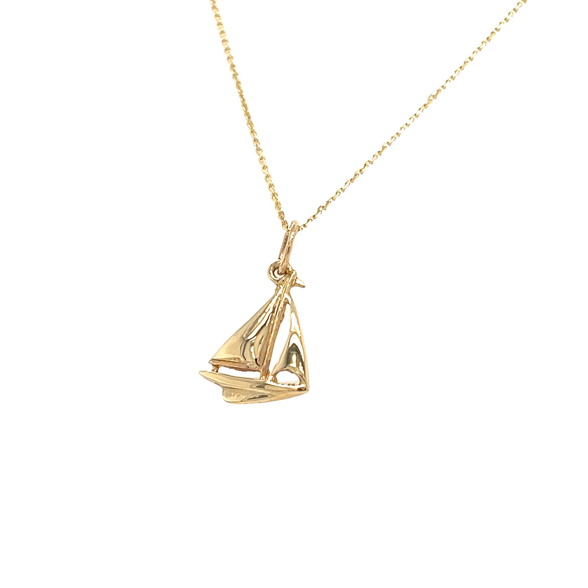 Sailboat Charm with 3D Details in 14K Yellow Gold. Charm and Chain Right Side View