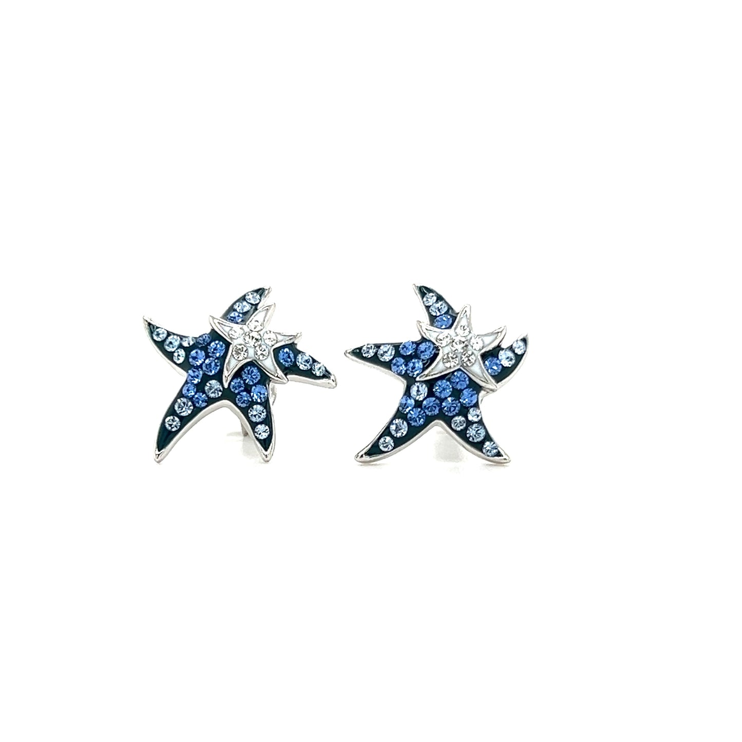 Blue and White Starfish Post Earrings with White and Blue Crystals in Sterling Silver Front View