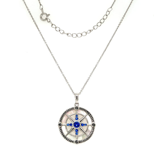 Compass Necklace with Mother of Pearl and Blue Crystals in Sterling Silver Full Necklace Front View