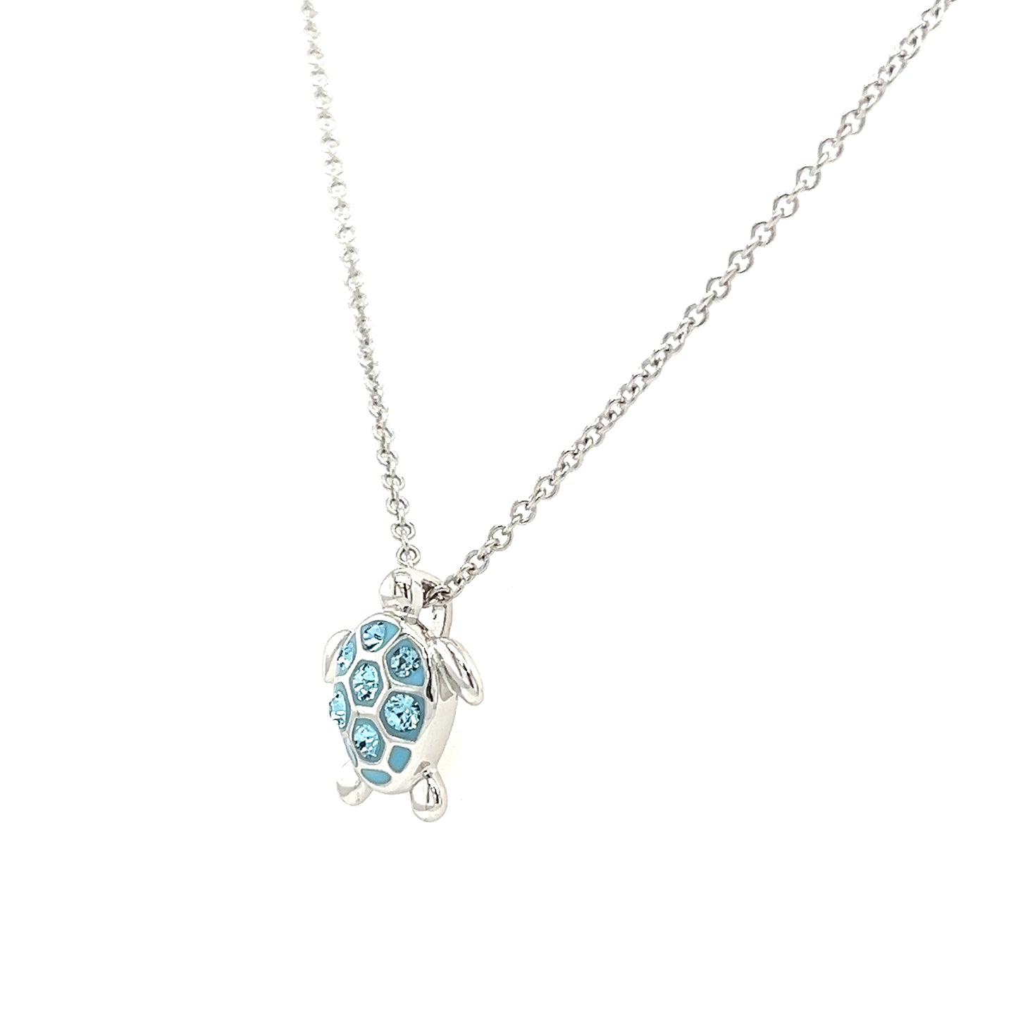 Small Turtle Necklace with Aquamarine Crystals in Sterling Silver Right Side View