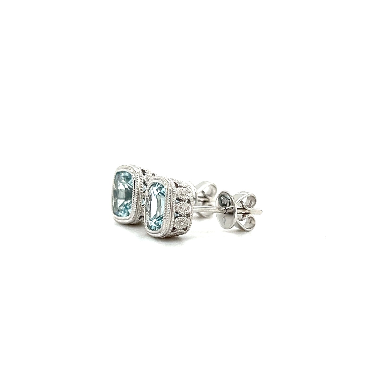   Aquamarine Stud Earrings with Milgrain and Filigree Details in 14K White Gold Right Side View