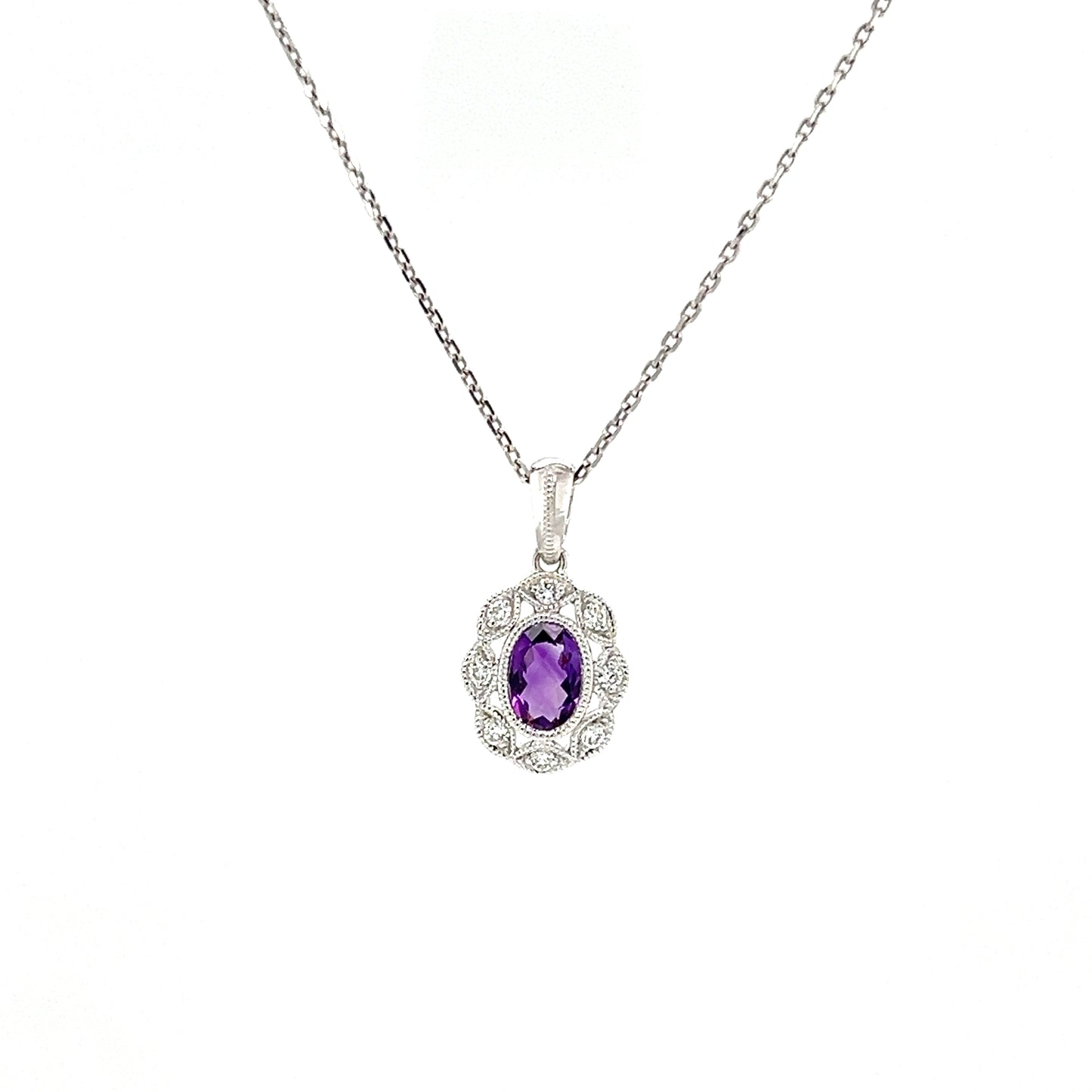 Oval Amethyst Pendant with Diamond Halo in 14K White Gold Front View