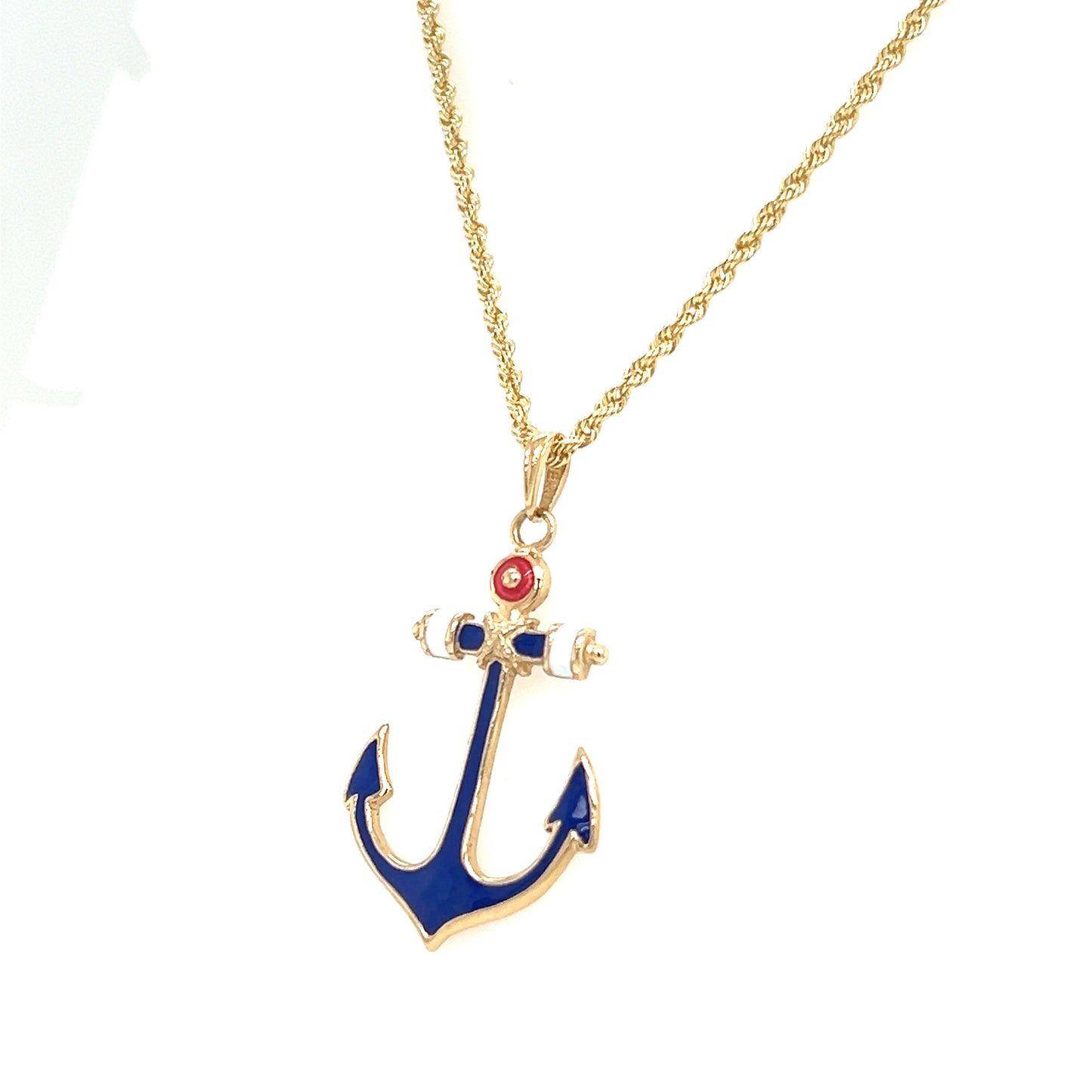 Anchor Pendant with Red White and Blue Enamel in 14K Yellow Gold Pendant on Chain Right Side View
