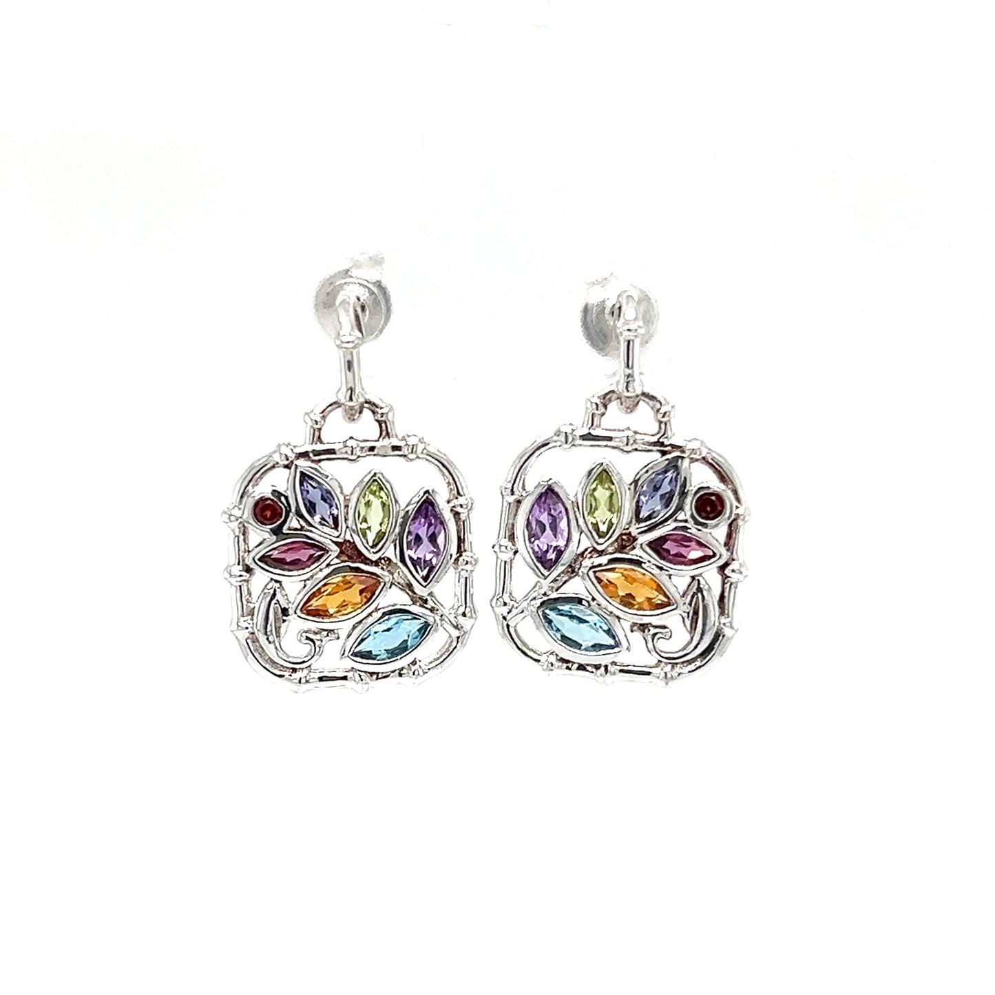 Leaf Dangle Earrings with Multi Gemstones Accents in Sterling Silver Front View