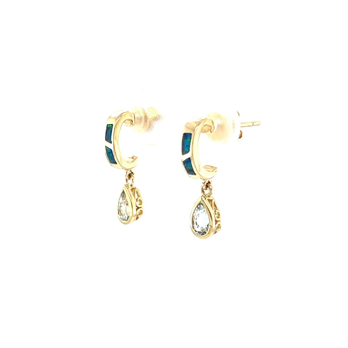 Black Opal C-Hoop Earrings with 0.51ctw of Aquamarine in 14K Yellow Gold Right Side View
