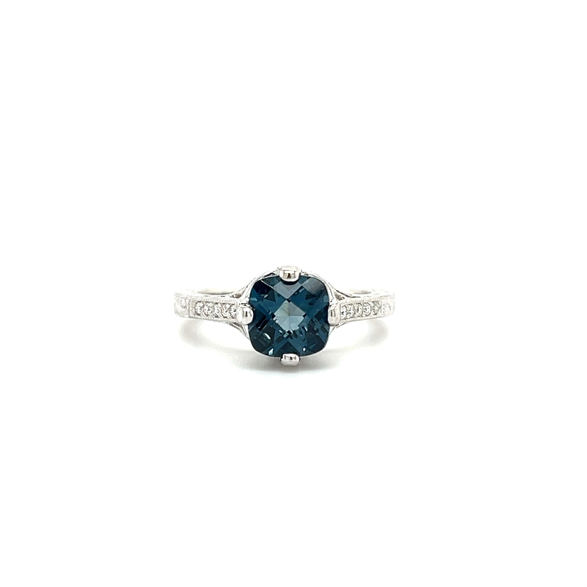 Filigree London Blue Topaz Ring with Side Diamonds in 14K White Gold. Front View