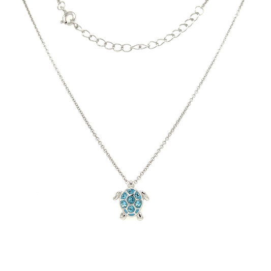 Small Turtle Necklace with Aquamarine Crystals in Sterling Silver Full Necklace View