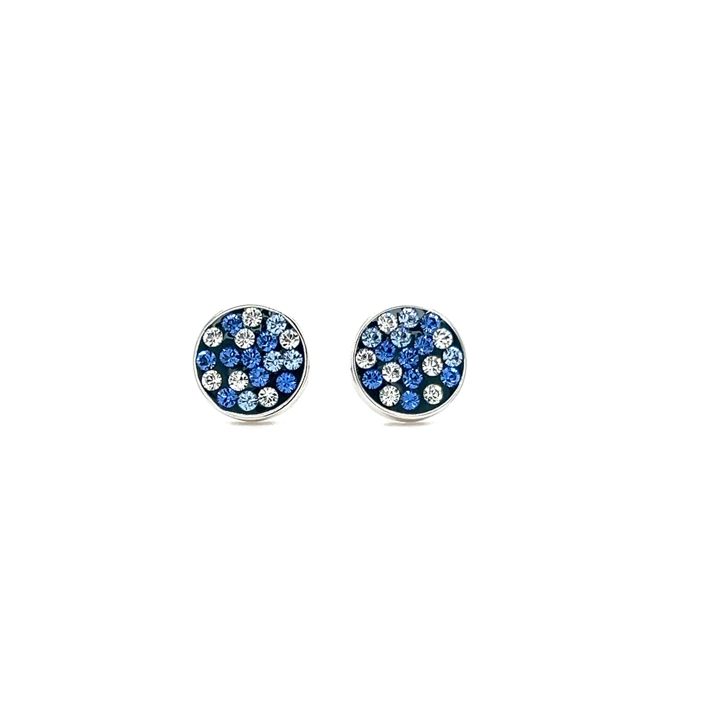 Round Blue Post Earrings with Blue and White Crystals in Sterling Silver Front View