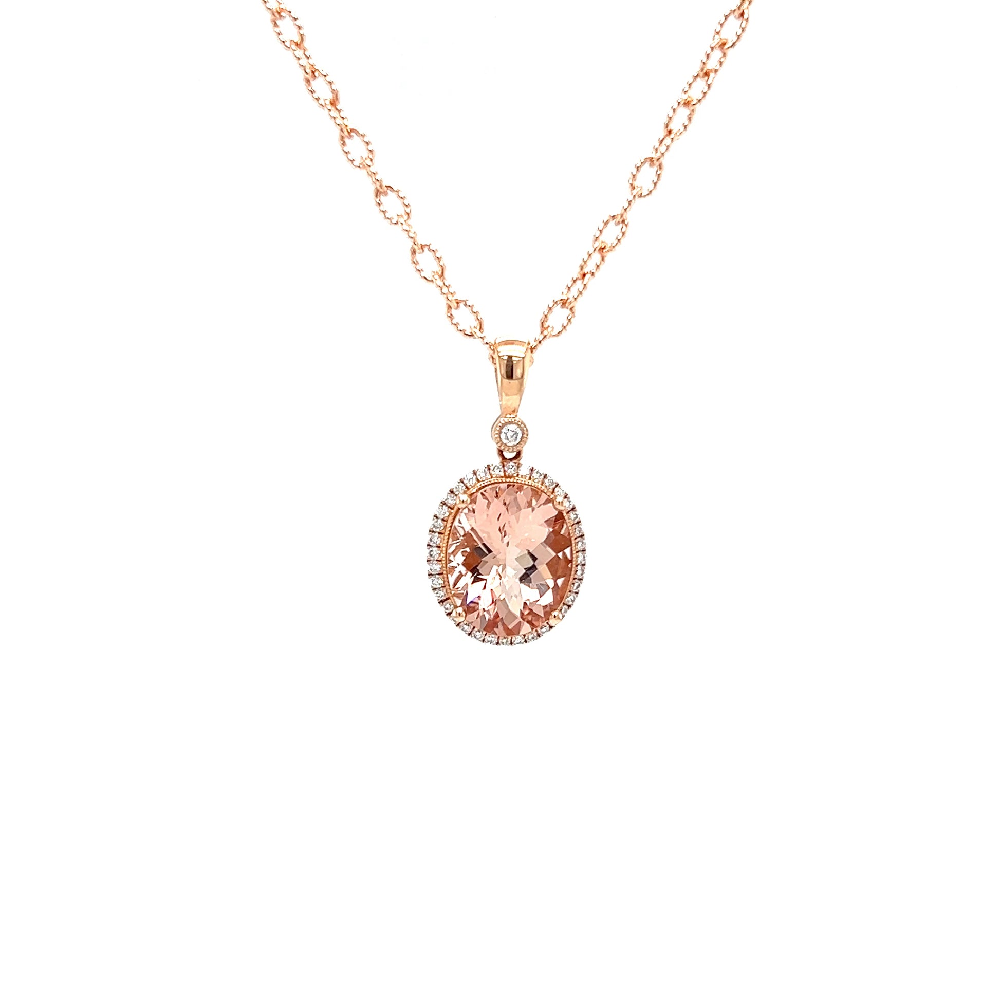 Oval Morganite Necklace with Diamond Halo in 14K Rose Gold. Pendant Front View