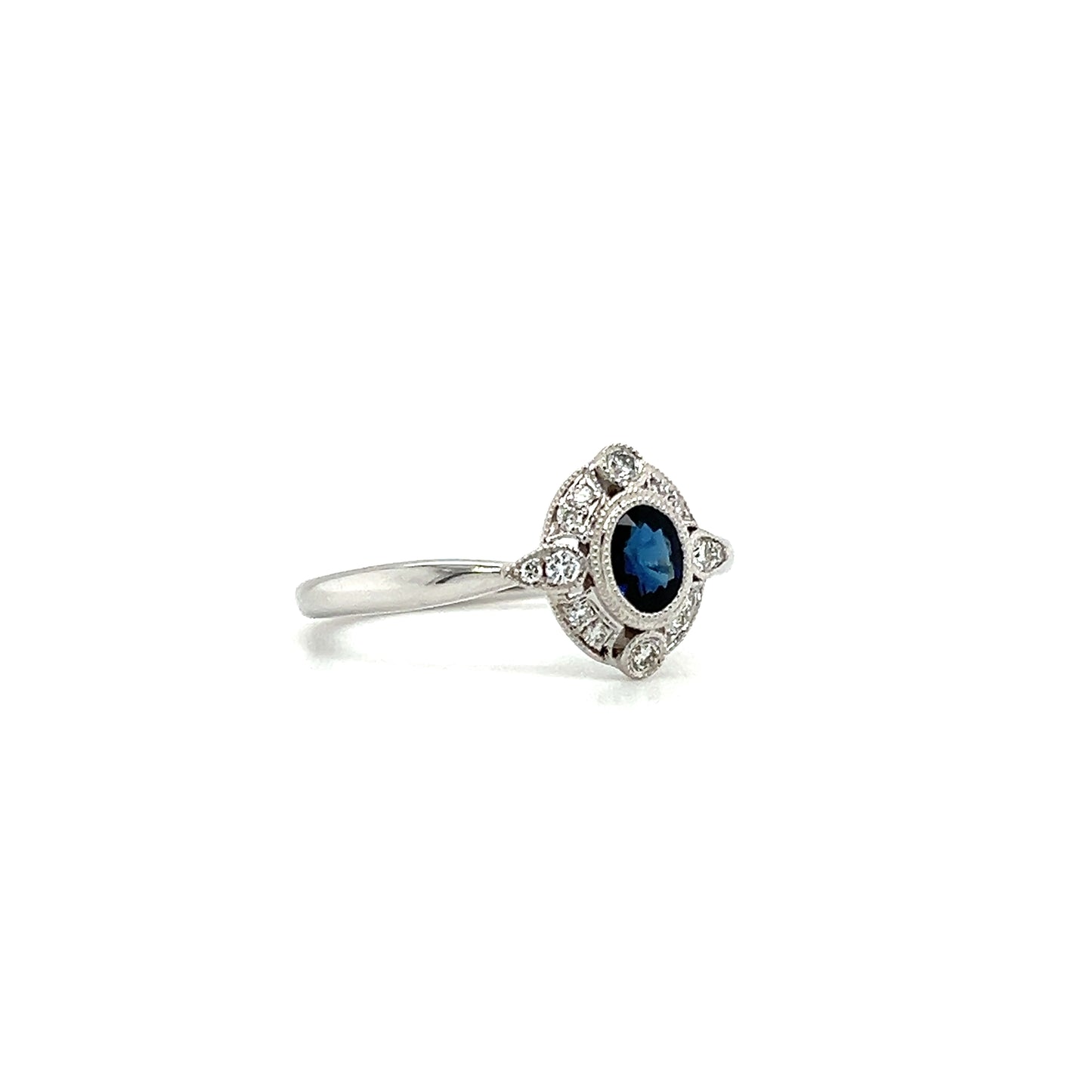 Blue Sapphire Ring with Milgrain Diamond Halo in 14K White Gold Left Side View
