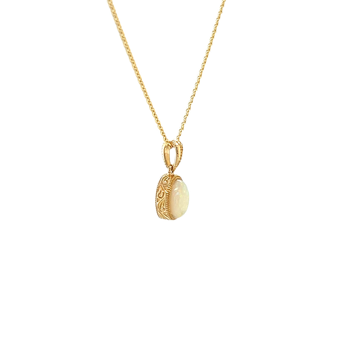 White Opal Pendant with Engraving and Milgrain Details in 14K Yellow Gold Left Profile View