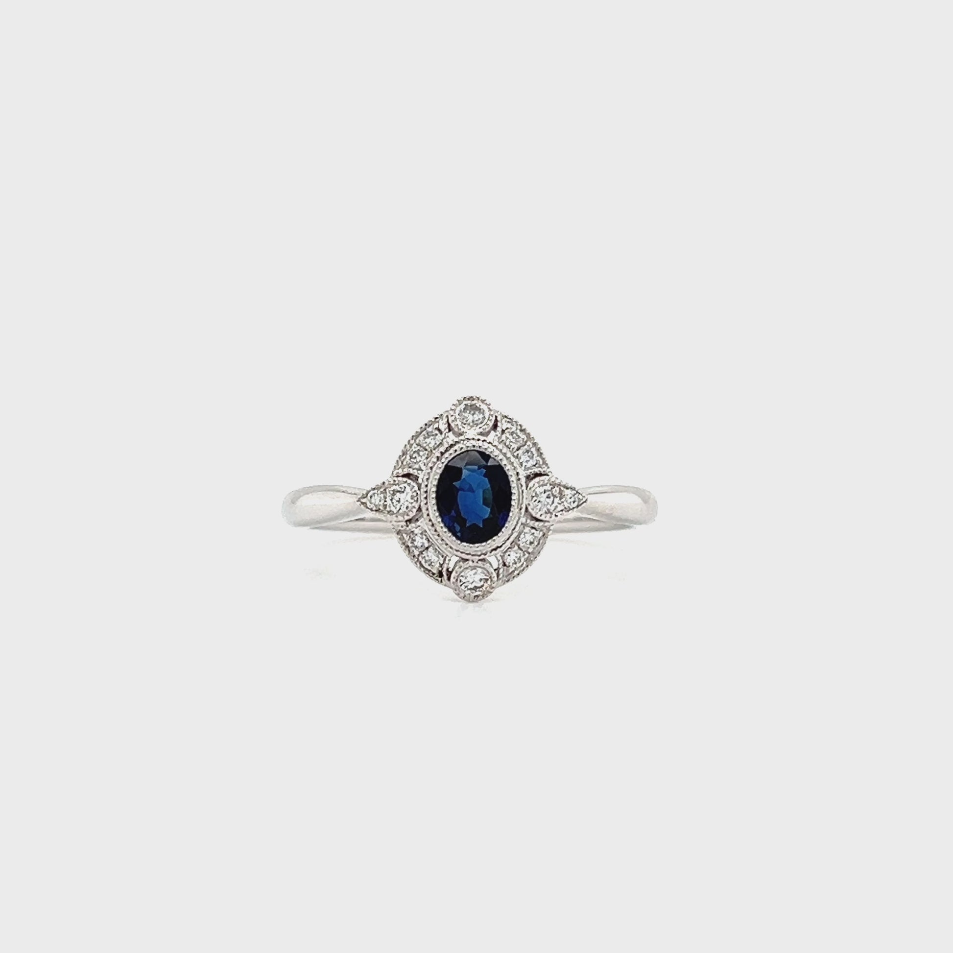 Blue Sapphire Ring with Milgrain Diamond Halo in 14K White Gold Video