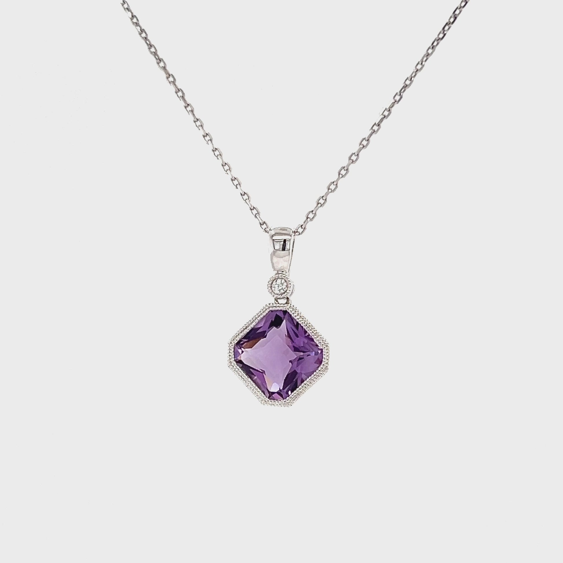 Asscher Amethyst Pendant with One Diamond in 14K White Gold Video