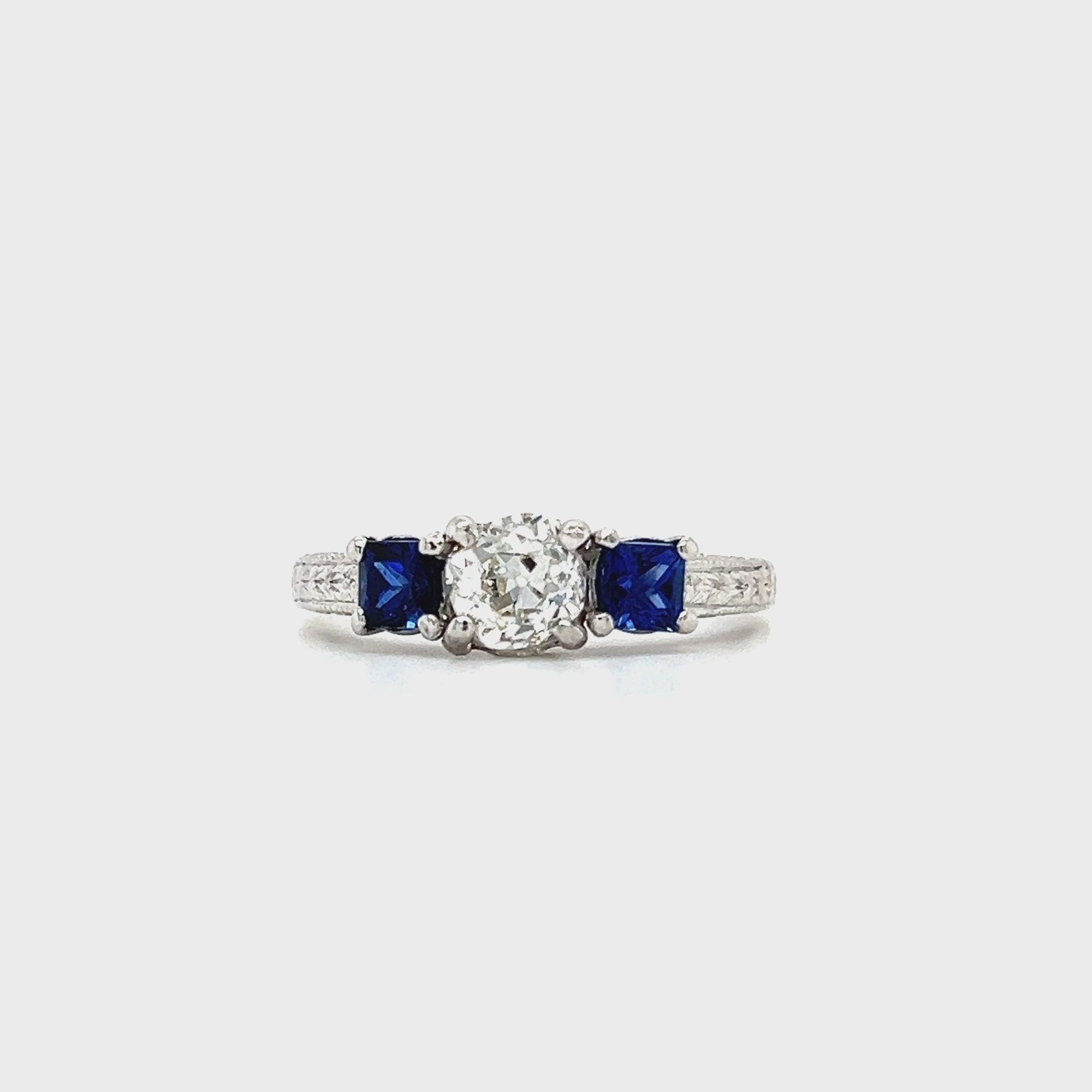 Old Mine Brilliant Diamond Ring with Two Ceylon Sapphires in Platinum.Video