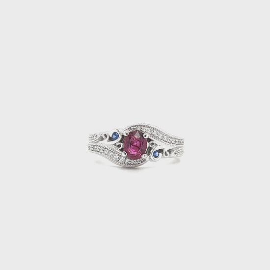 Bypass Ruby Ring with Two Sapphires and Forty-Two Side Diamonds in 14K White Gold Video