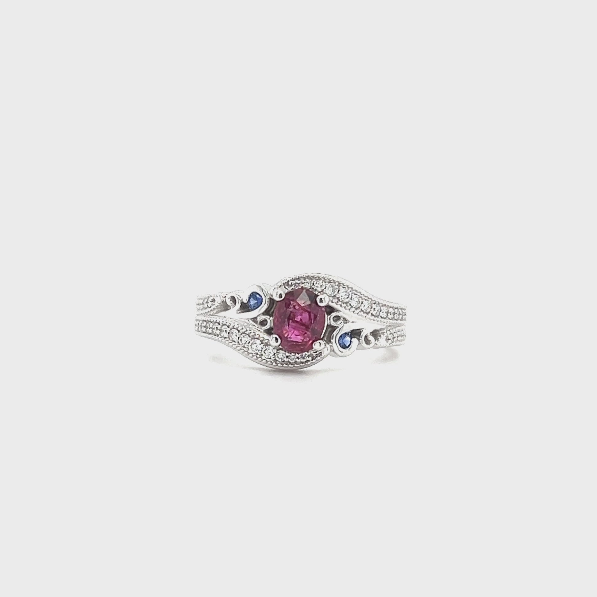 Bypass Ruby Ring with Two Sapphires and Forty-Two Side Diamonds in 14K White Gold Video