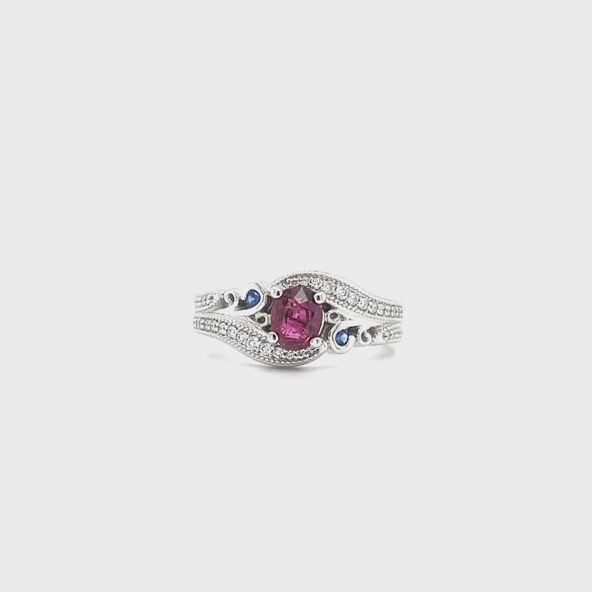 Bypass Ruby Ring with Two Sapphires and Forty-Two Side Diamonds in 14K White Gold Video