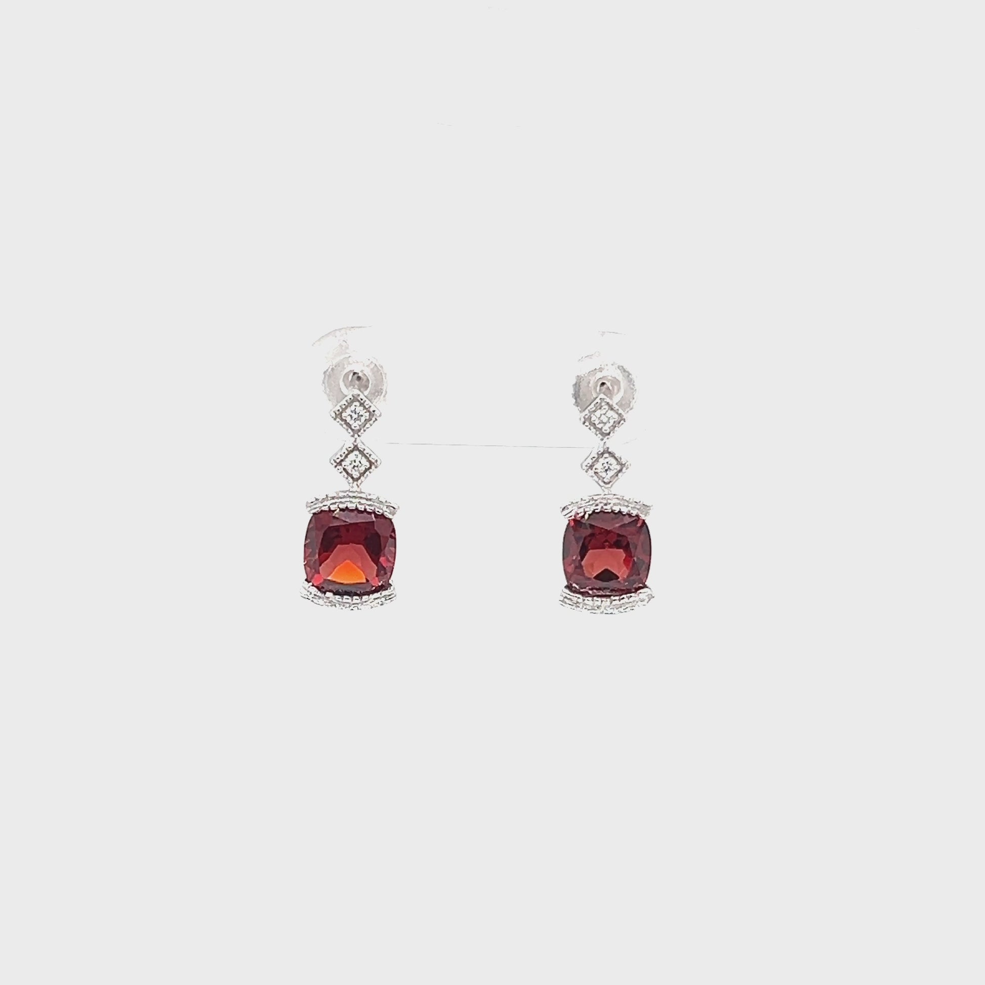 Cushion Garnet Post Earrings with Accent Diamonds in 14K White Gold Video