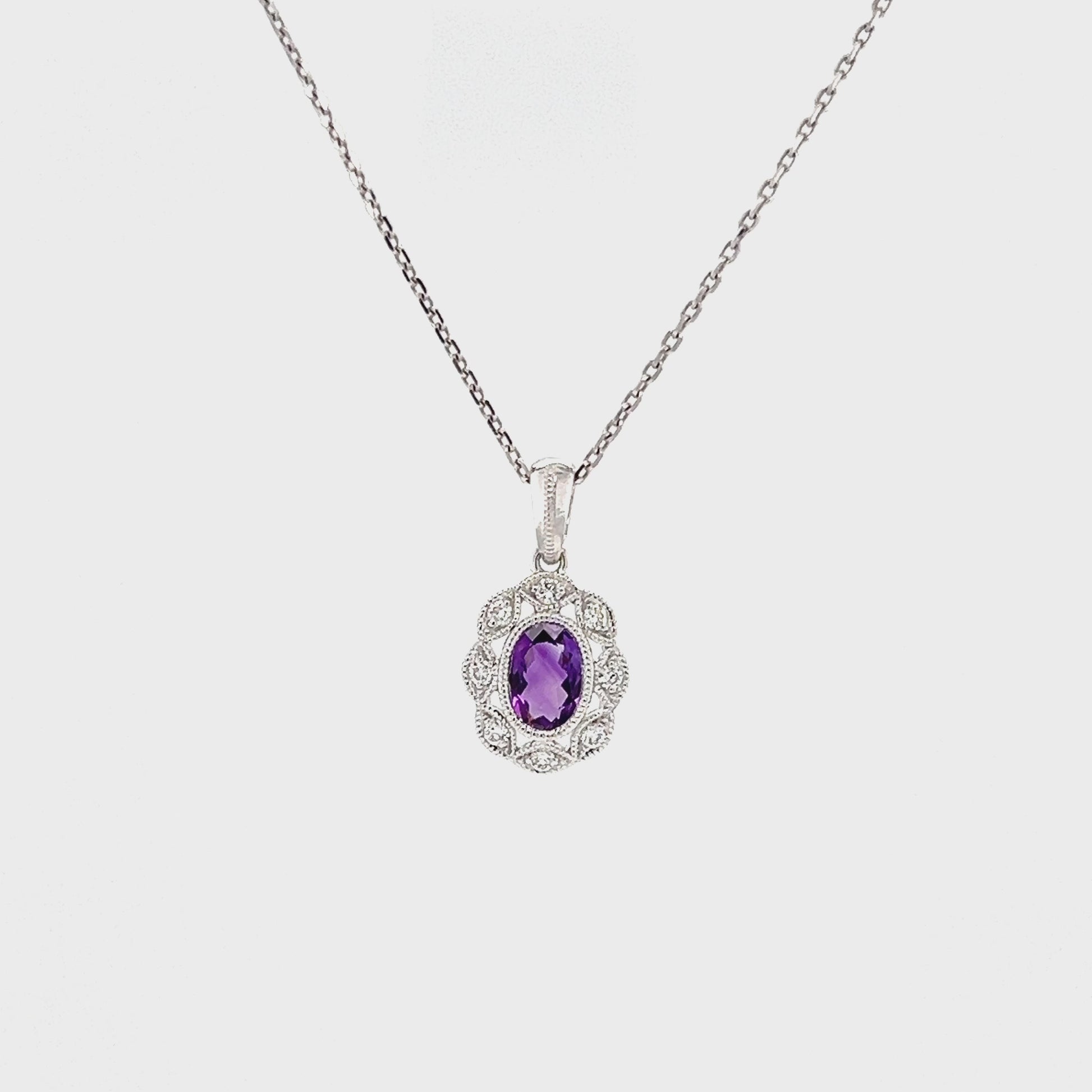 Oval Amethyst Pendant with Diamond Halo in 14K White Gold Video