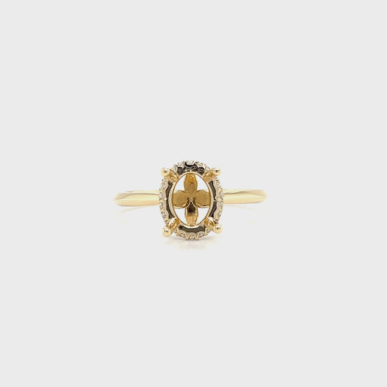 Oval Ring Setting with Hidden Diamond Halo in 14K Yellow Gold. Video