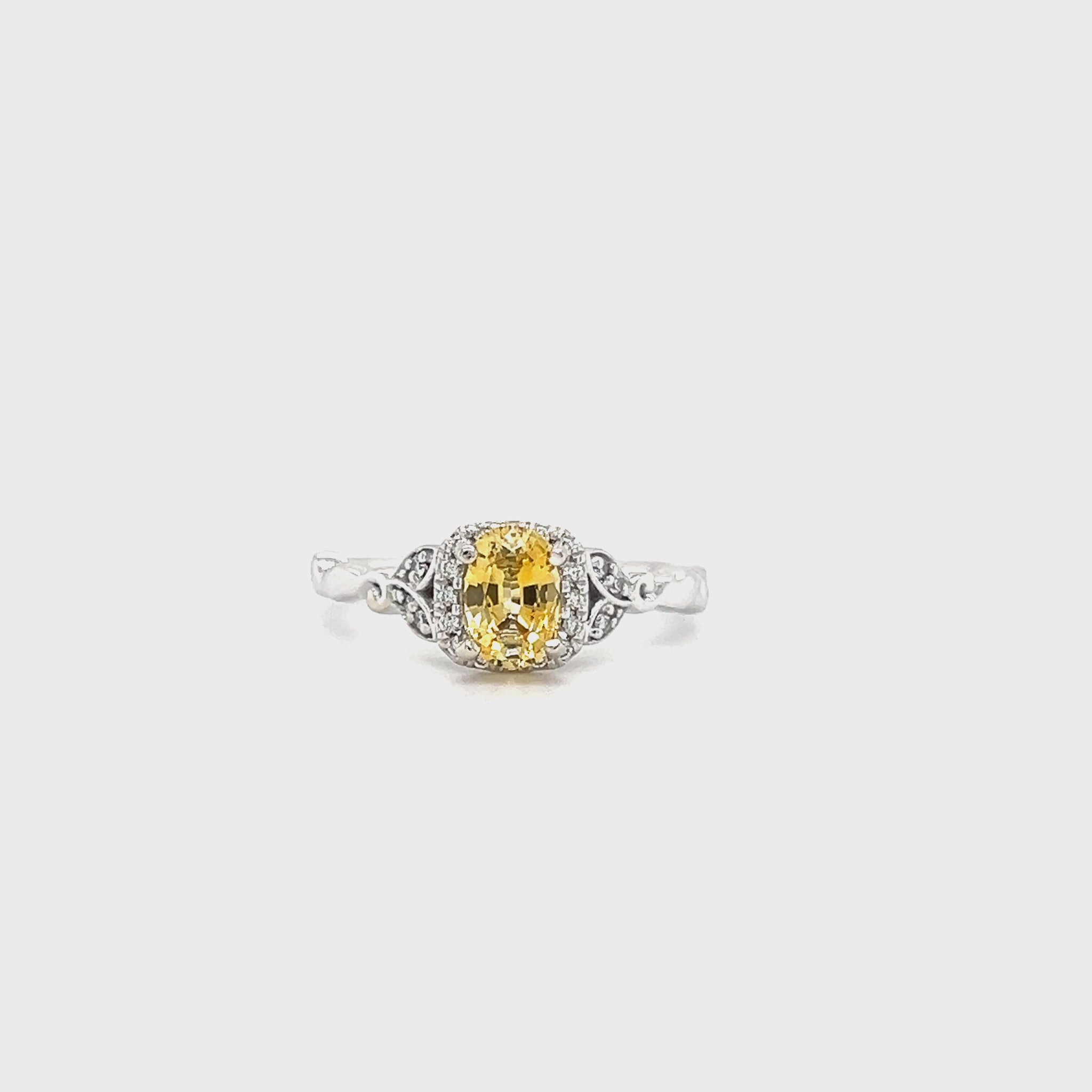 Yellow Sapphire Ring with Diamond Halo and Vine Details in 14K White Gold. Video