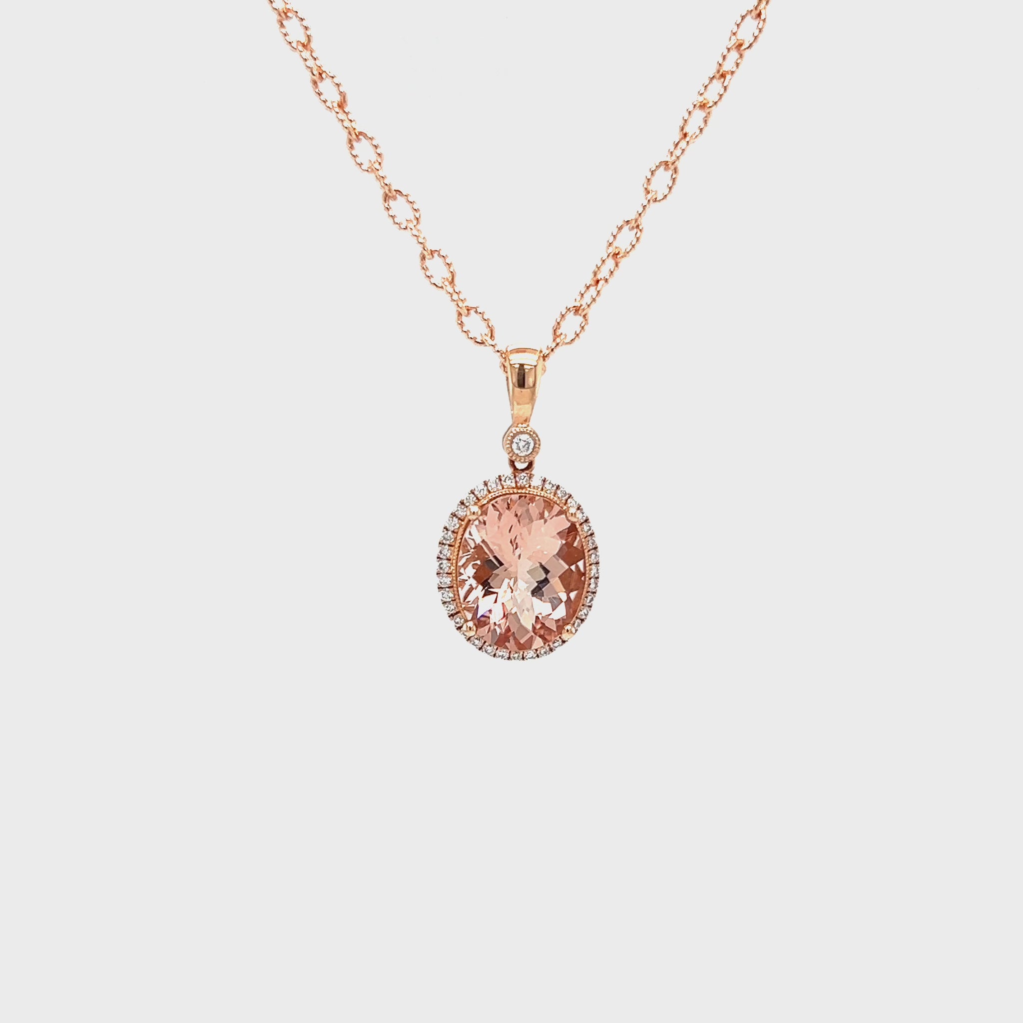 Oval Morganite Necklace with Diamond Halo in 14K Rose Gold Video