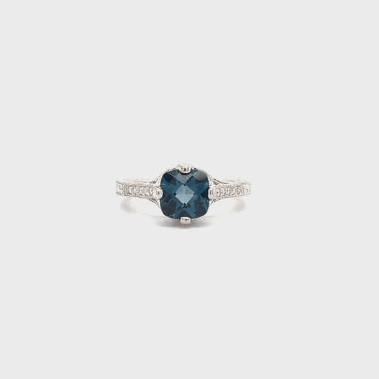 Filigree London Blue Topaz Ring with Side Diamonds in 14K White Gold. Video