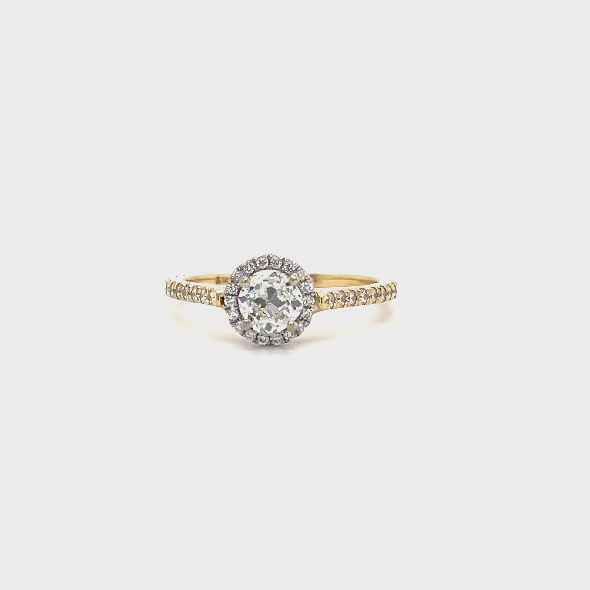 Old Mine Brilliant Diamond Ring with Diamond Halo in 14K Yellow and White Gold Video