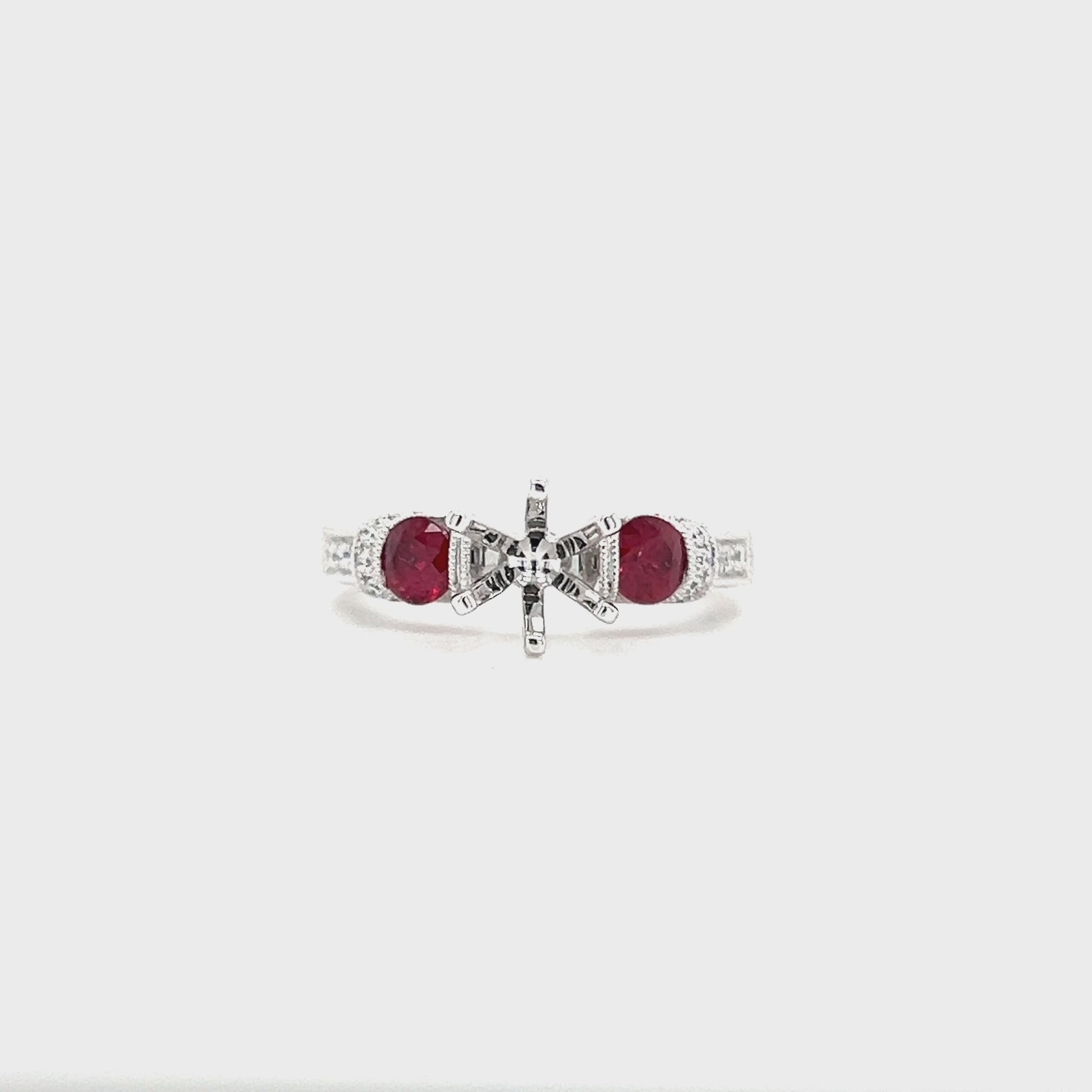 Ruby Three Stone Ring Setting with 0.16ctw of Diamonds in 14K White Gold Video