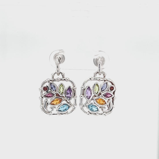 Leaf Dangle Earrings with Multi Gemstones Accents in Sterling Silver Video