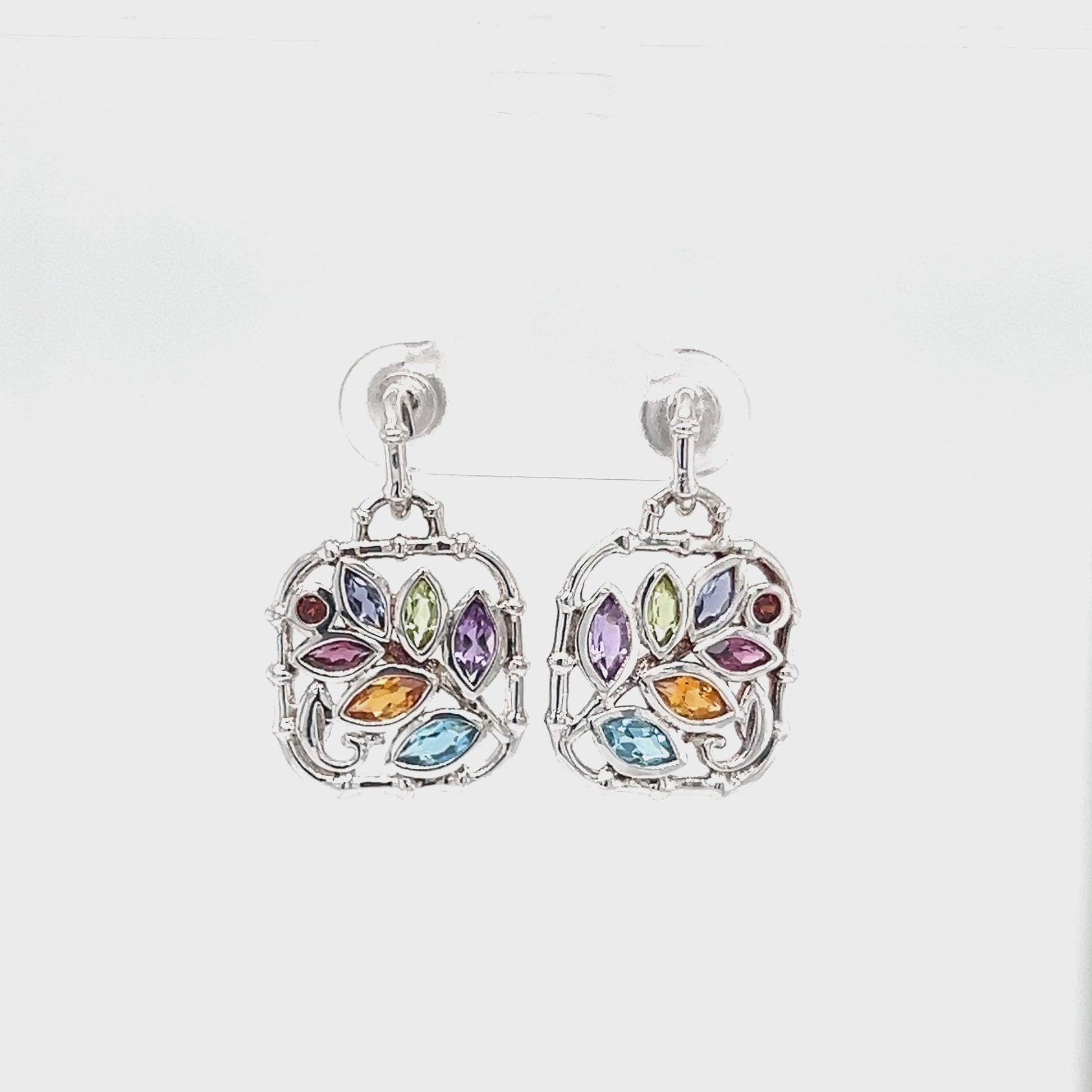 Leaf Dangle Earrings with Multi Gemstones Accents in Sterling Silver Video