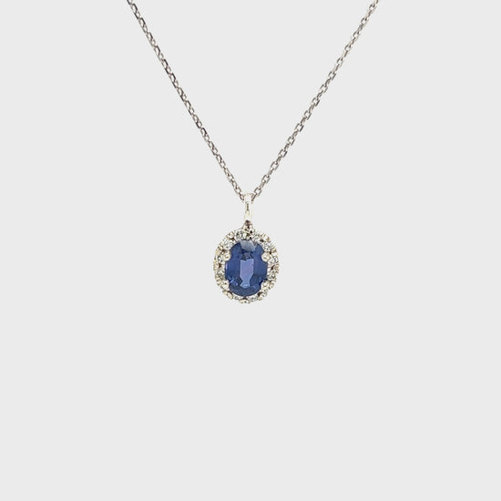 Oval Blue Sapphire Pendant with 0.24ctw of Diamonds in 14K White Gold Pendant and Chain Video