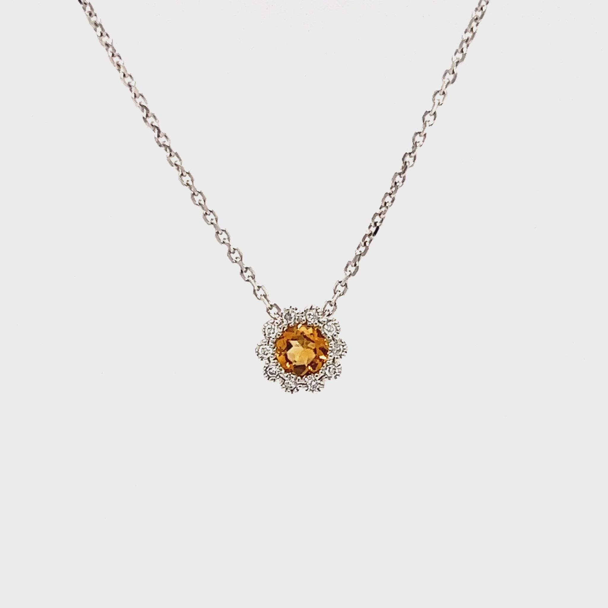 Floral Citrine Pendant with Diamond Halo in 14K White Gold Video