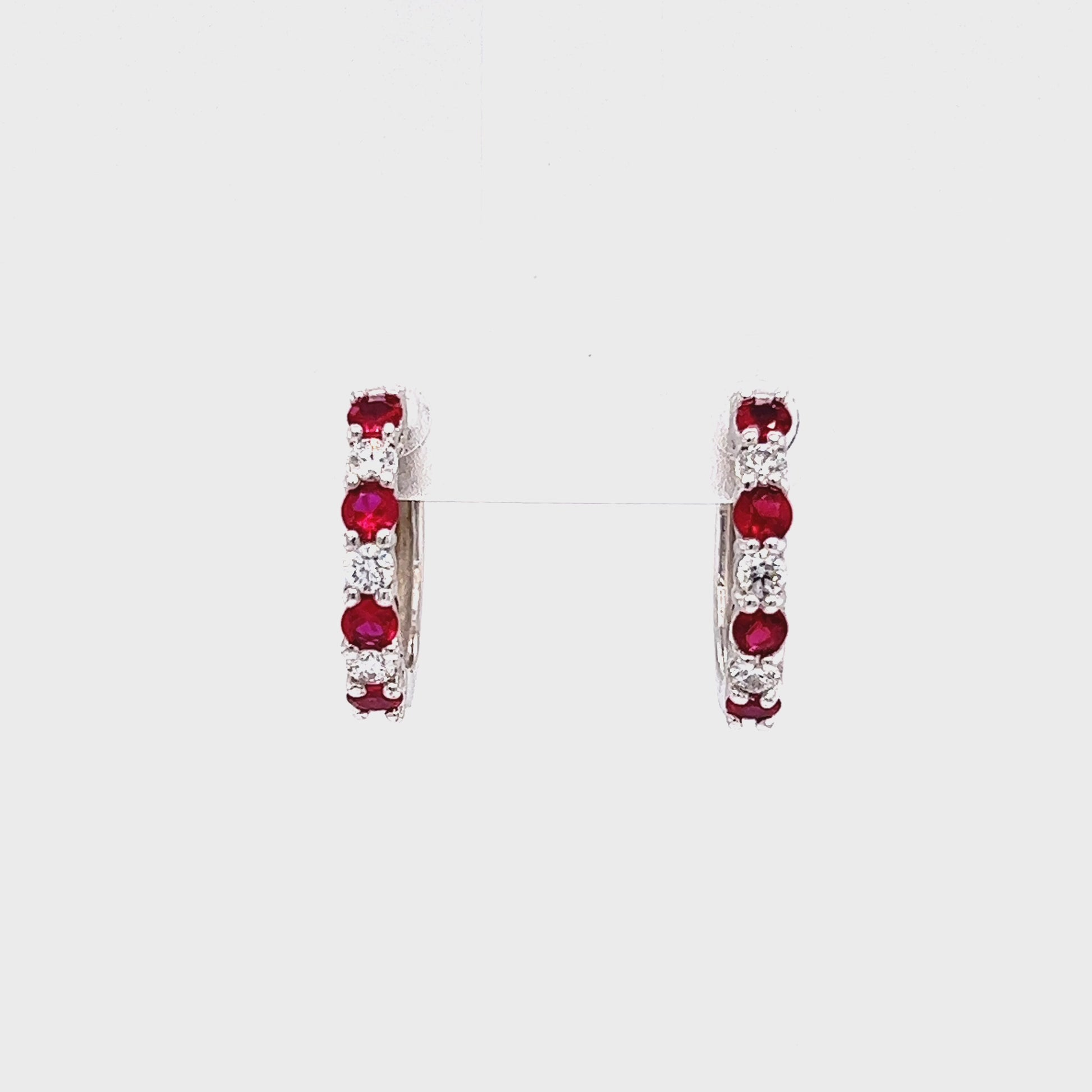 Ruby Hoop Earrings with Six Round Diamonds in 14K White Gold Video