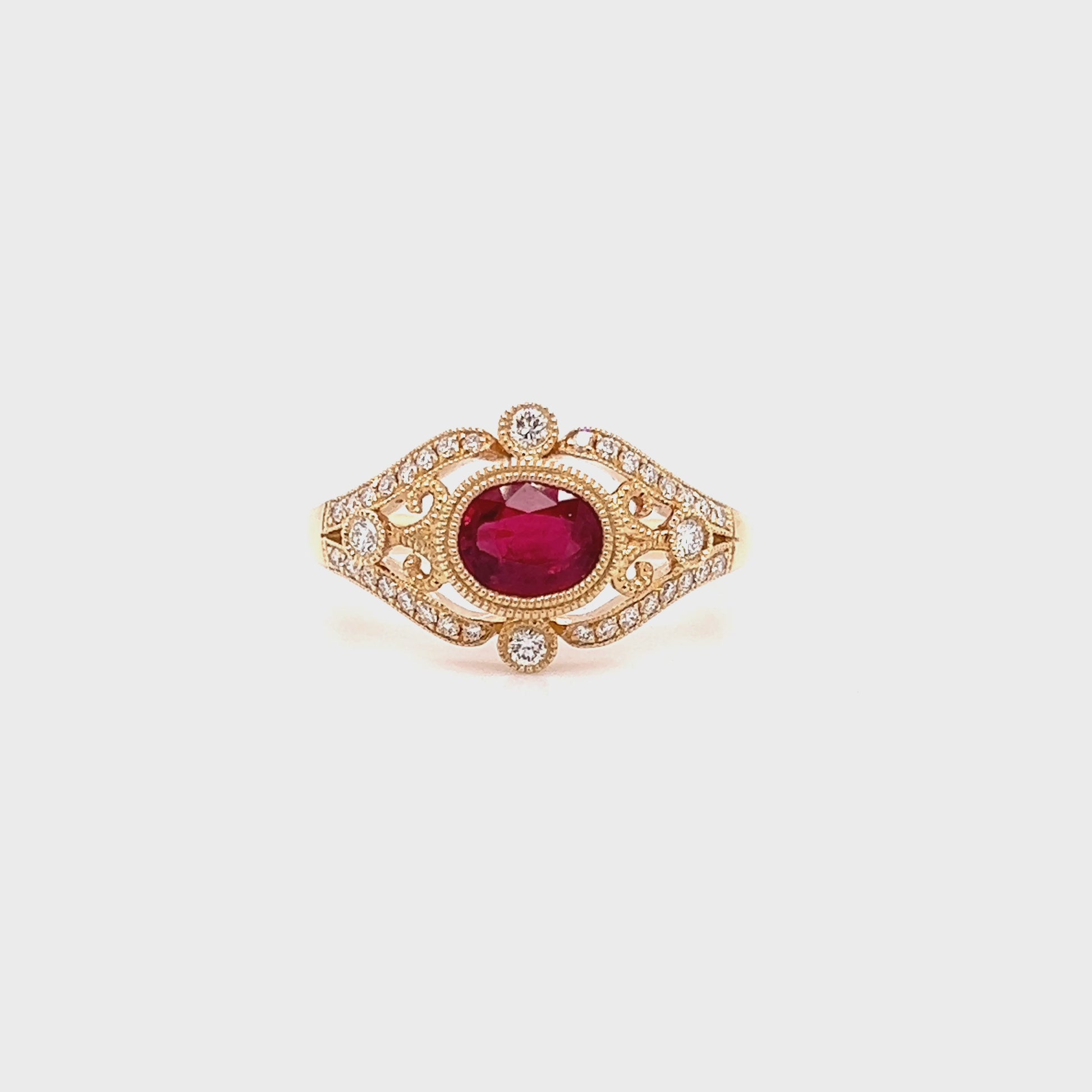 Oval Ruby Ring with Side Diamonds and Filigree in 14K Yellow Gold Video
