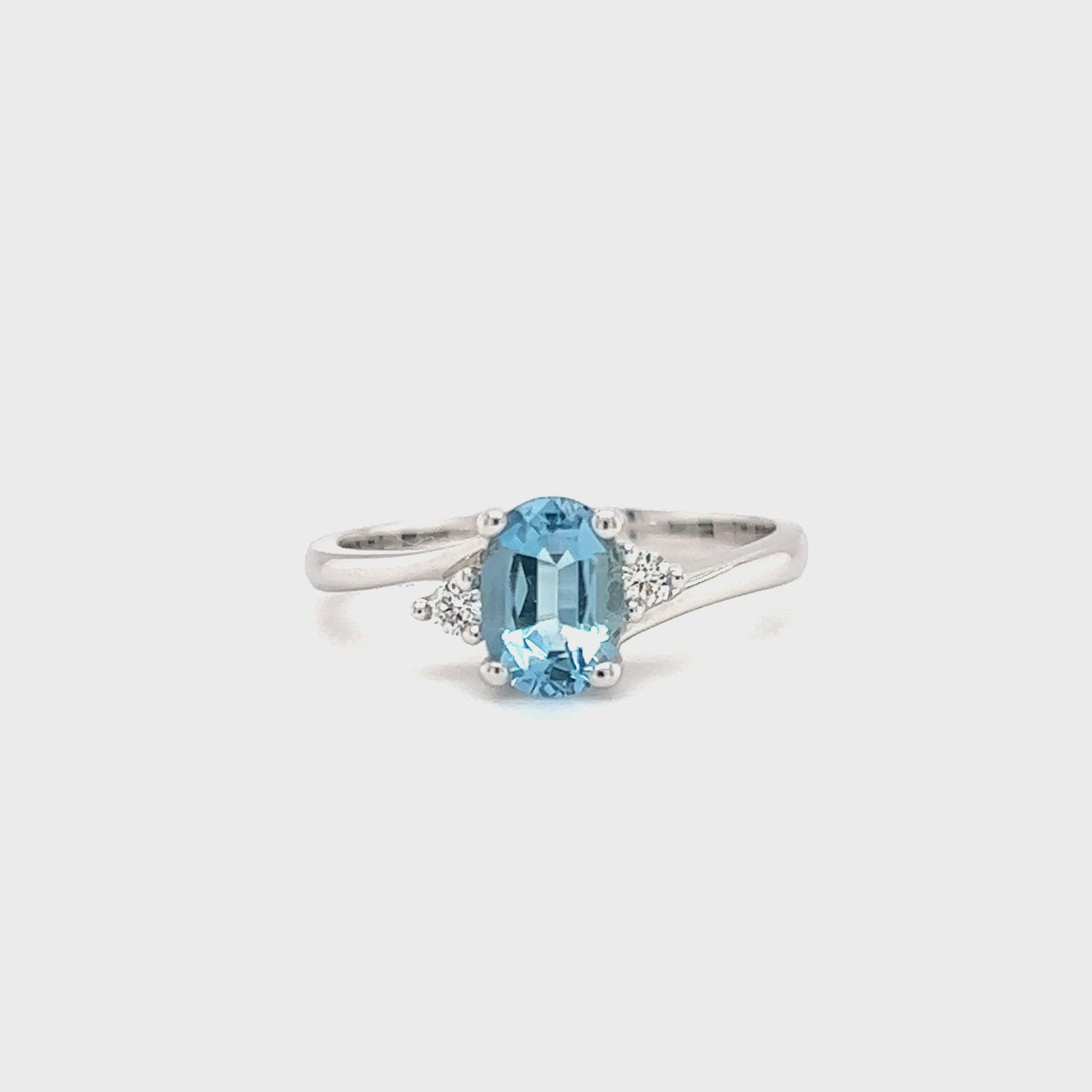 Bypass Aquamarine Ring with Two Side Diamonds in 14K White Gold Video