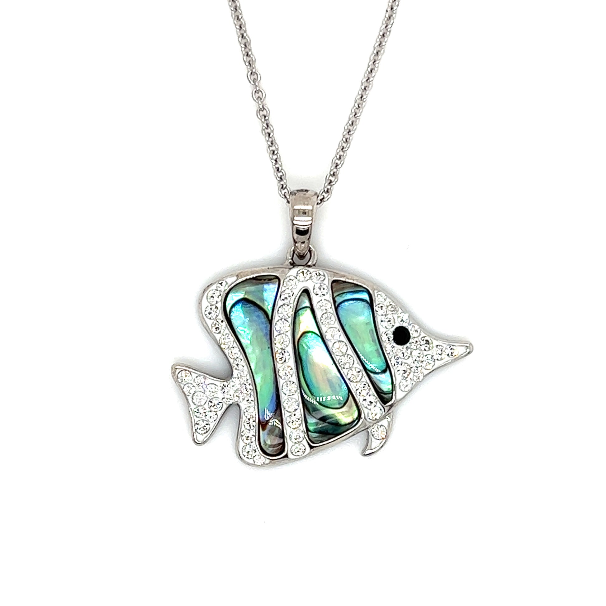 Hippo Tang Fish Necklace with Abalone Shell and White Crystals in Sterling Silver Front