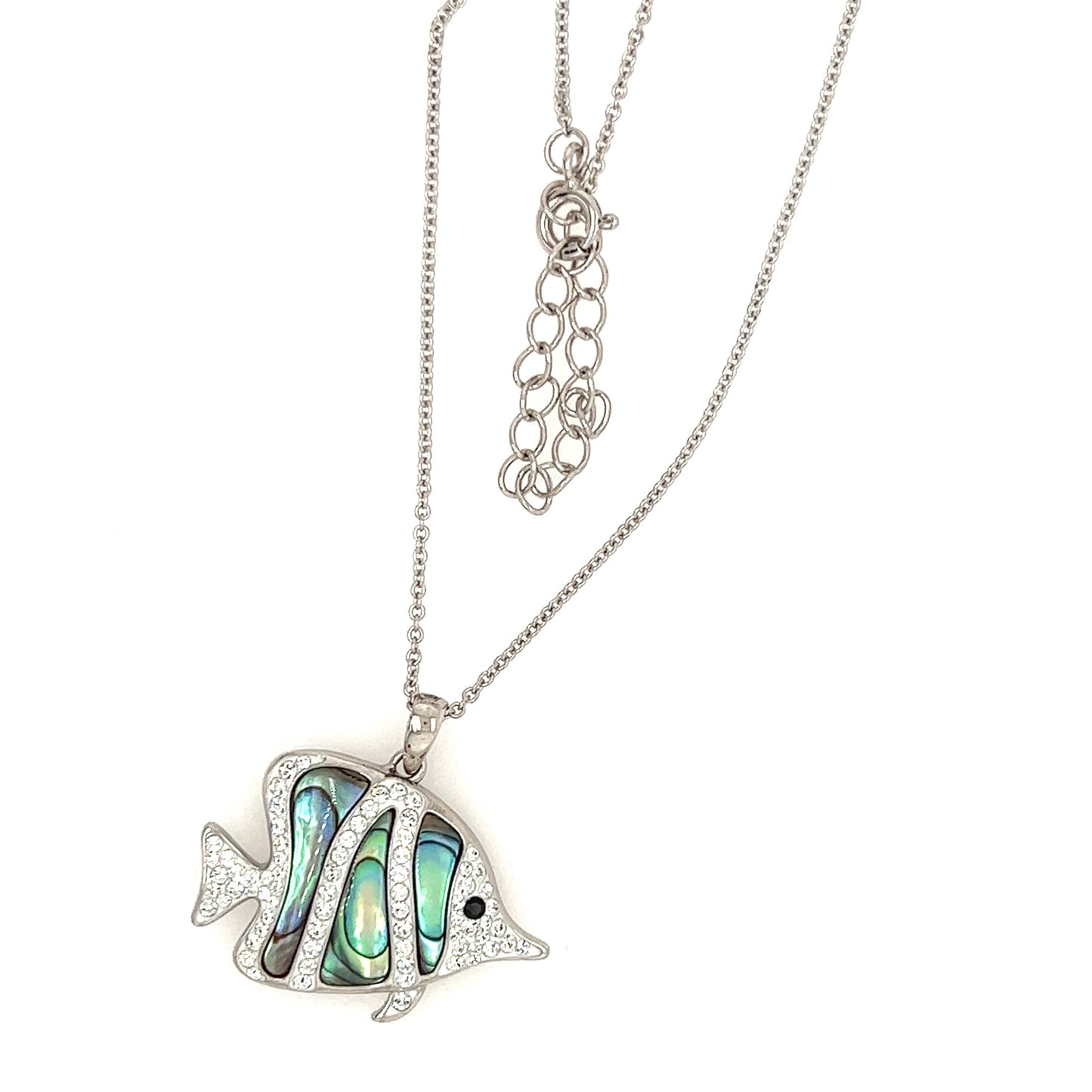 Hippo Tang Fish Necklace with Abalone Shell and White Crystals in Sterling Silver Top View
