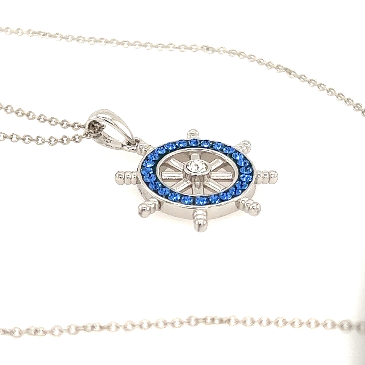 Ship's Wheel Necklace with Blue Crystals in Sterling Silver Side View