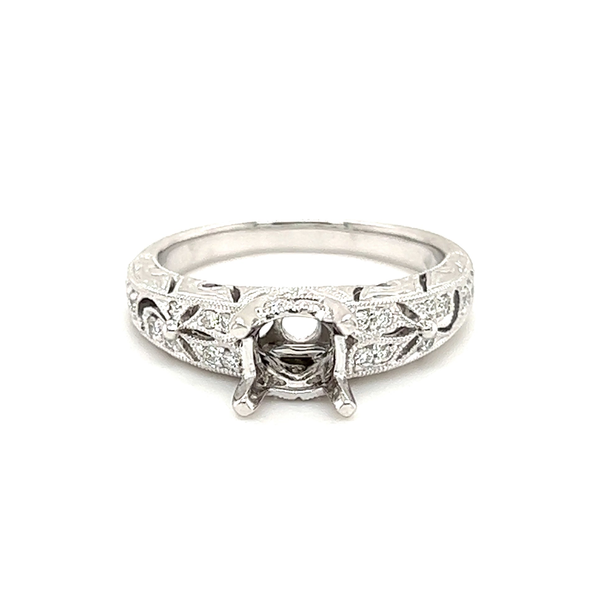 Filigree Engraved Diamond Ring Setting with Twenty-Eight in 14K White Gold Front View