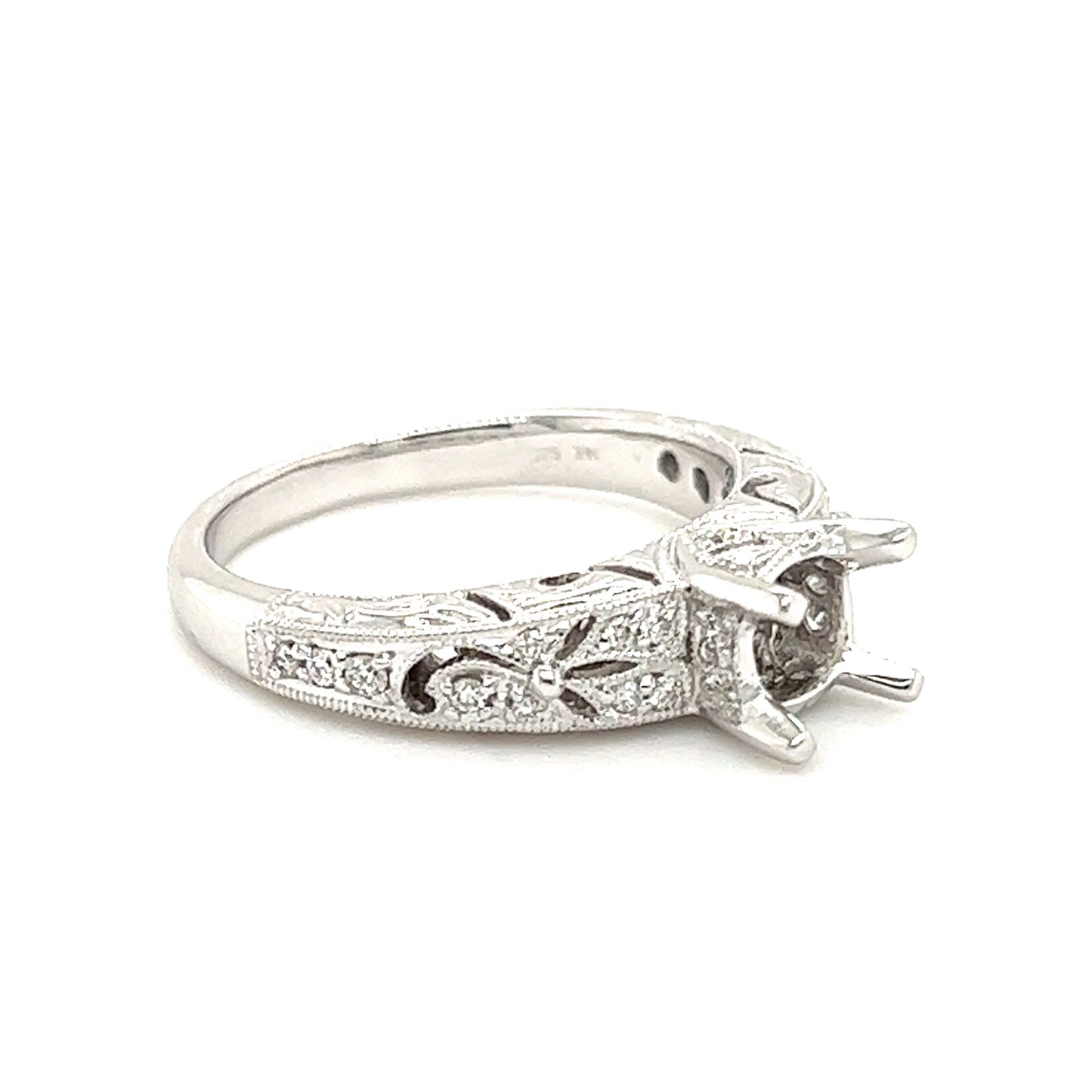 Filigree Engraved Diamond Ring Setting with Twenty-Eight in 14K White Gold Left Side View