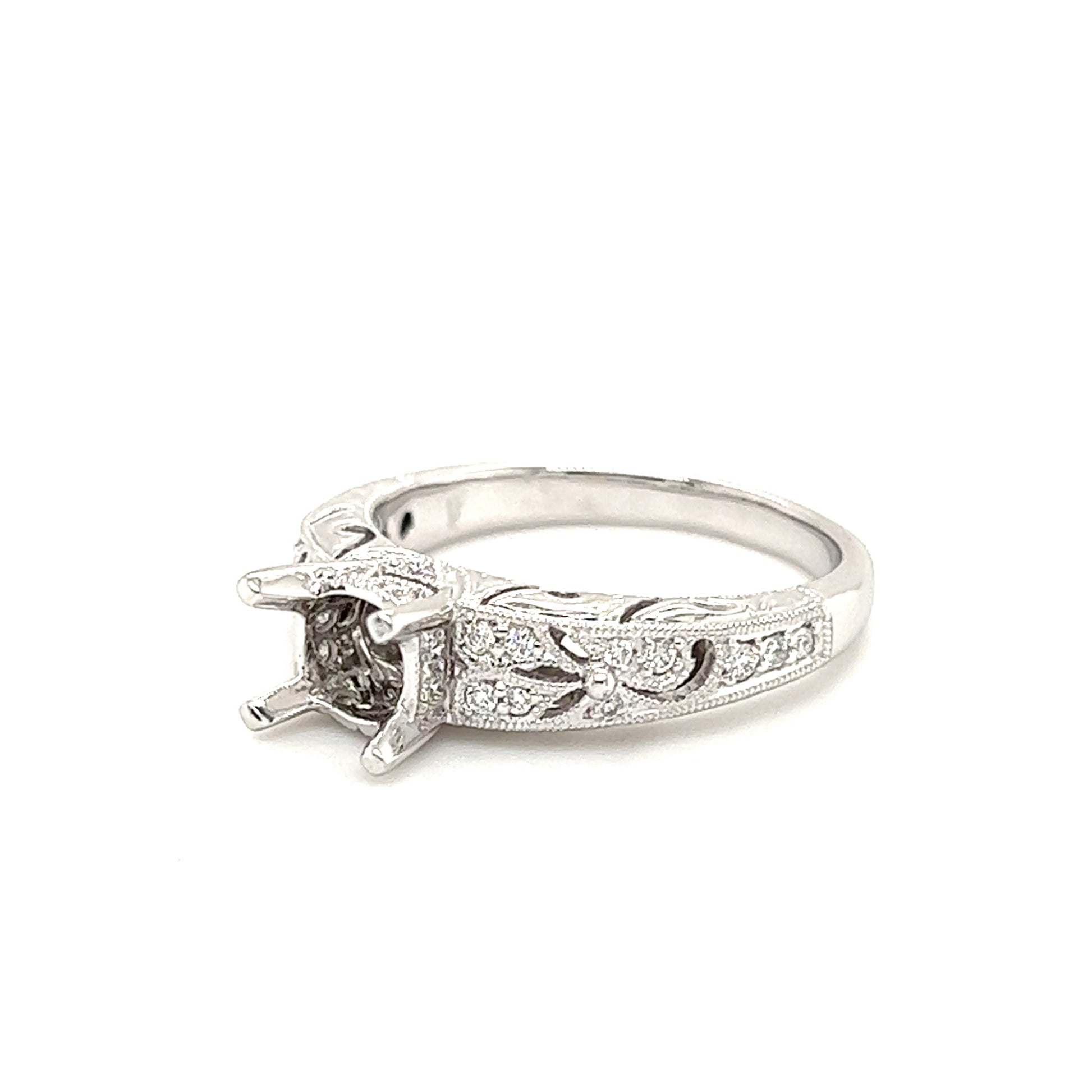 Filigree Engraved Diamond Ring Setting with Twenty-Eight in 14K White Gold Right Side View