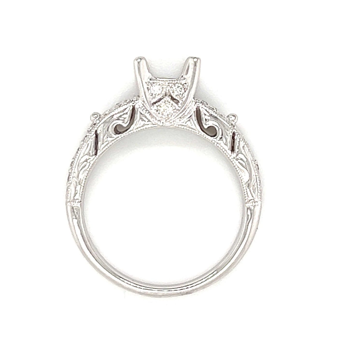Filigree Engraved Diamond Ring Setting with Twenty-Eight in 14K White Gold Top View