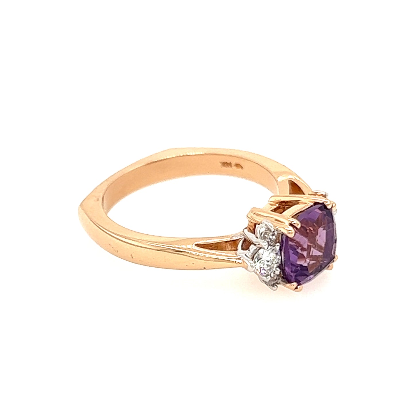 Cushion Amethyst Ring in 14K Rose Gold with Side Diamonds Right Side