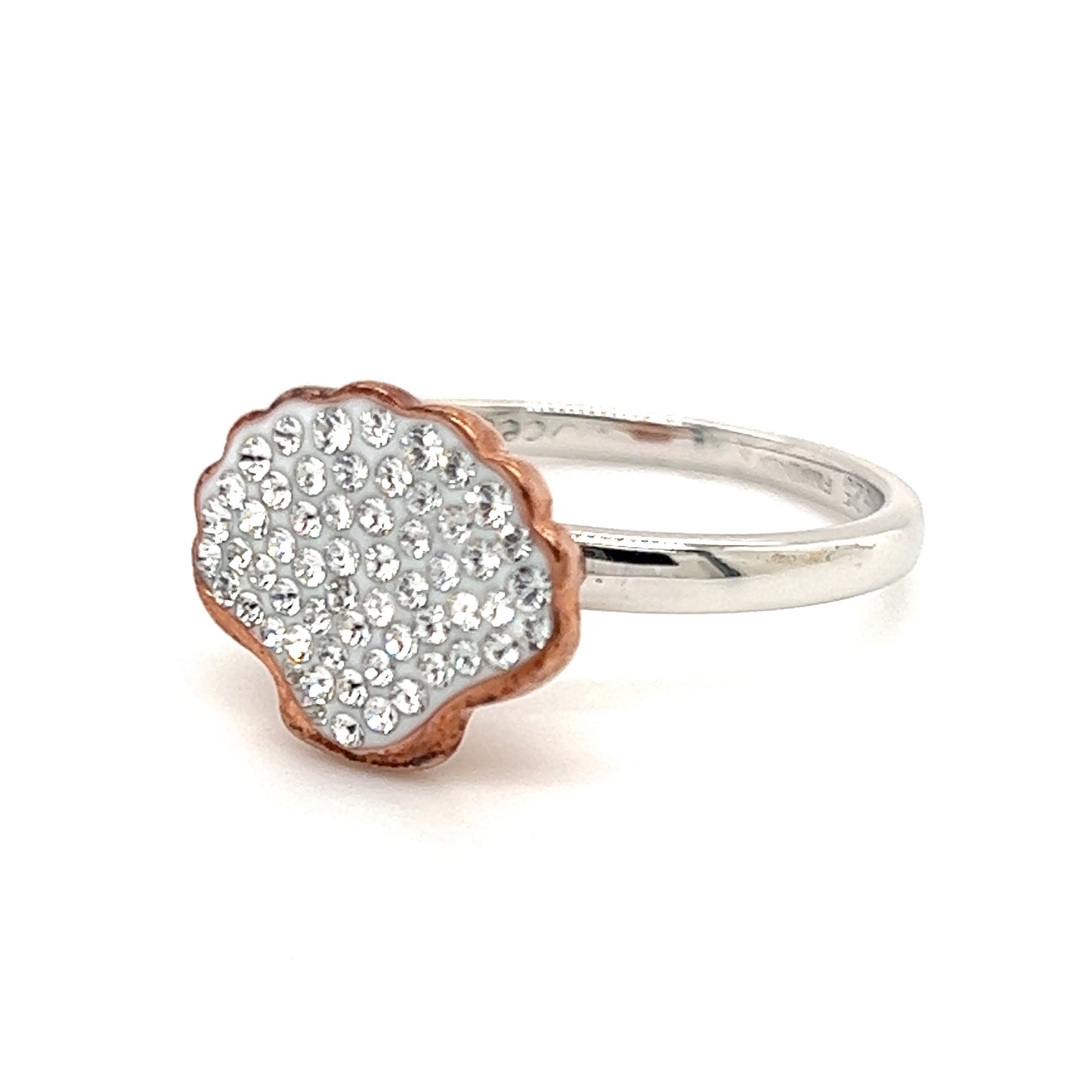 Shell Ring with Elegant Crystals in Sterling Silver and Rose Gold Accent