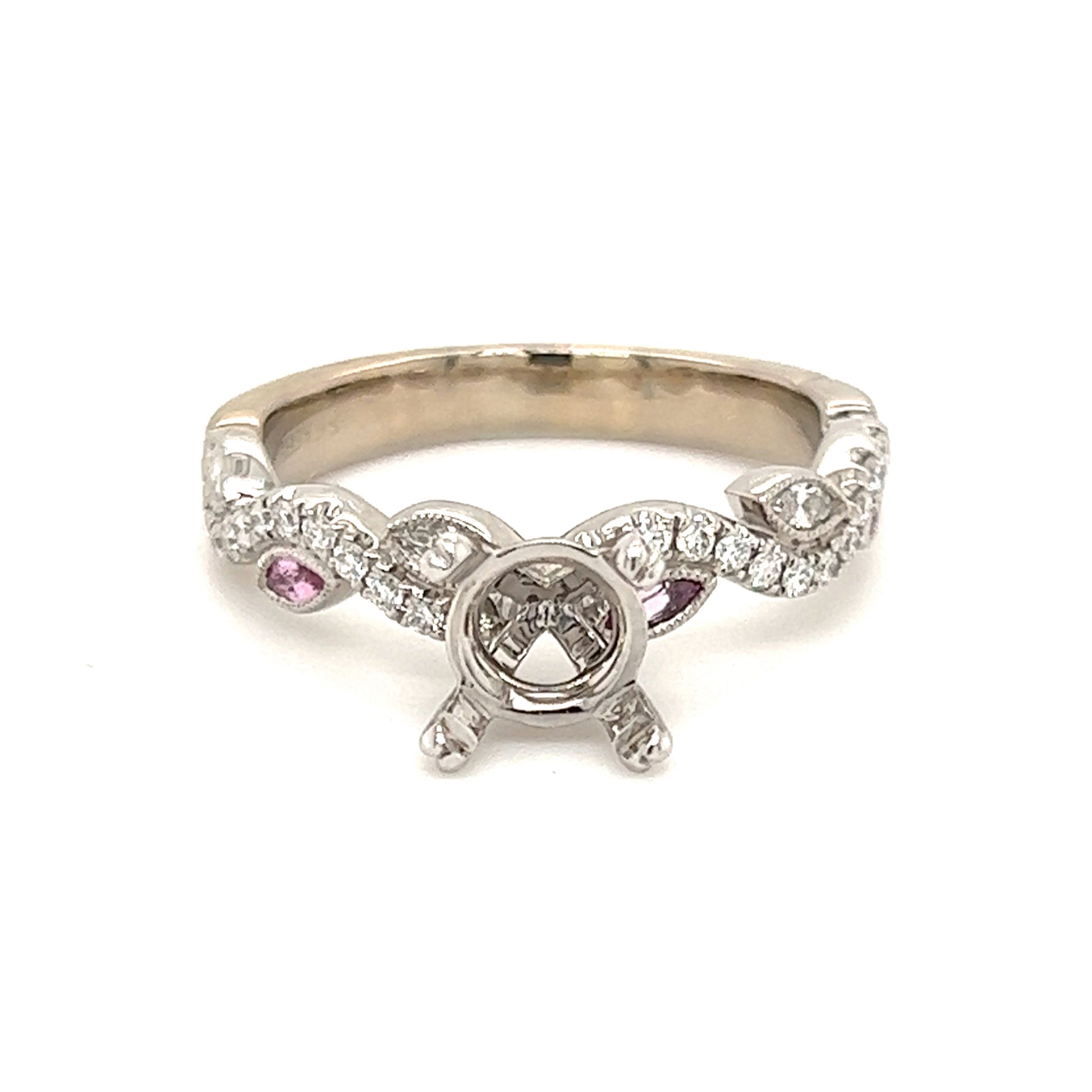 Vine Motif Ring Setting with Pink Sapphires and Diamond Accents in 14K White Gold Front View