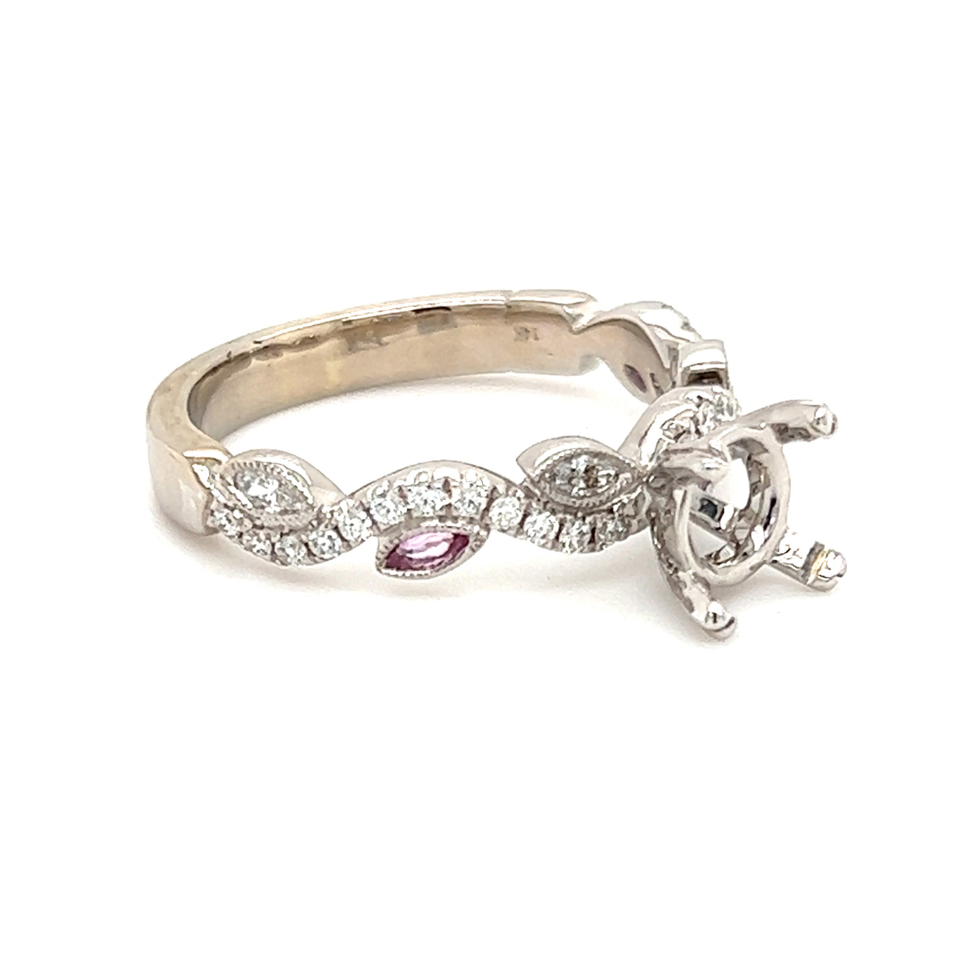 Vine Motif Ring Setting with Pink Sapphires and Diamond Accents in 14K White Gold Left Side View