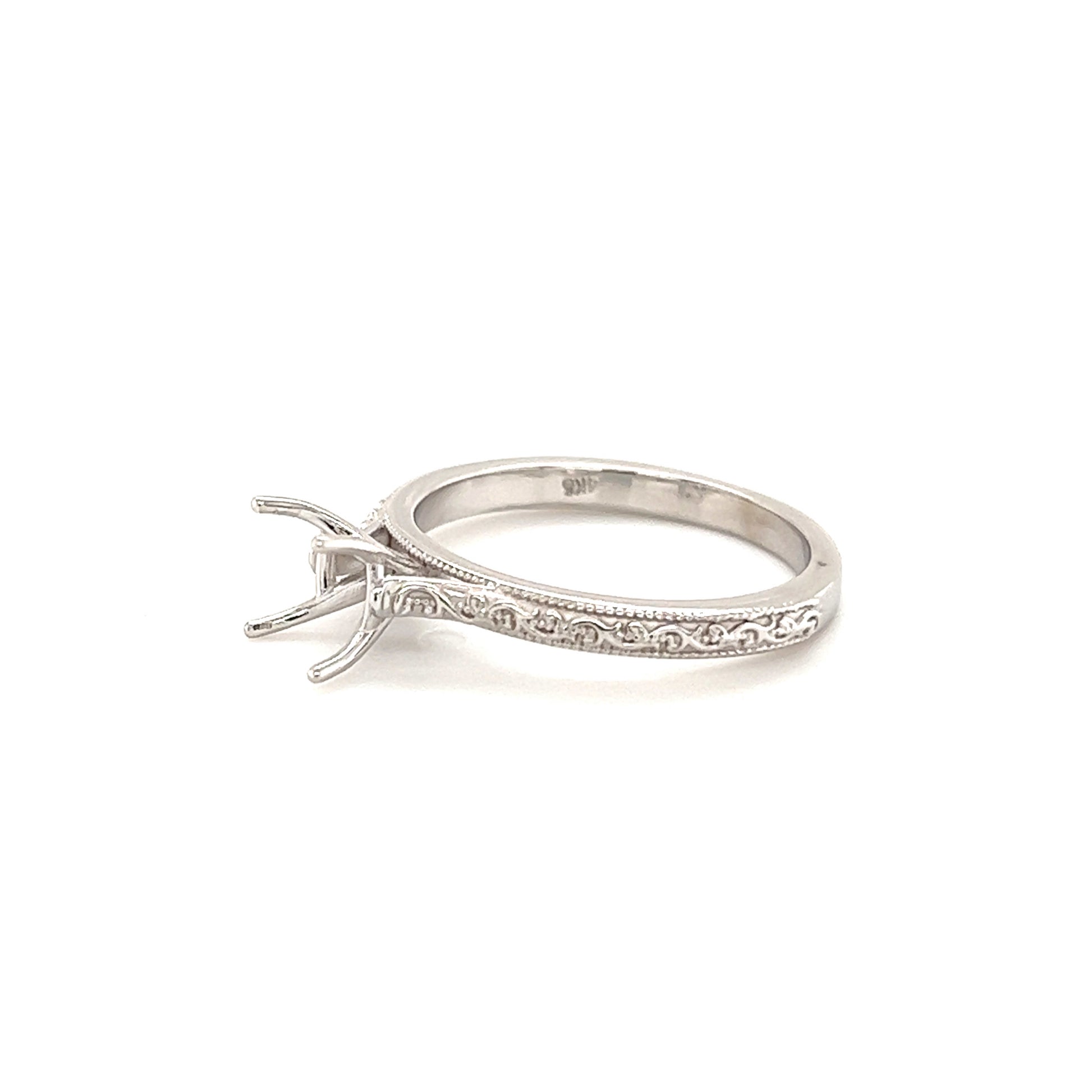 Ring Setting with Embossed Details in 14K White Gold Right Side