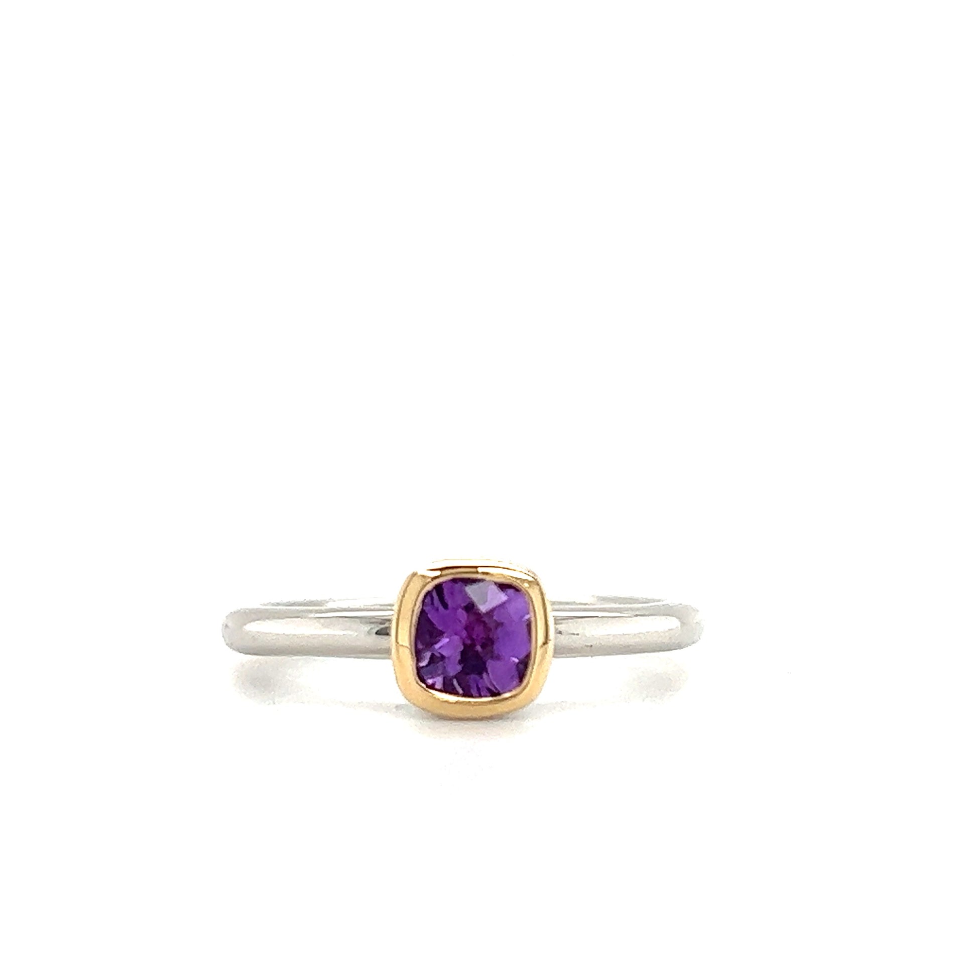 Cushion Amethyst Ring in Sterling Silver with 14K Yellow Gold Accent Flat View