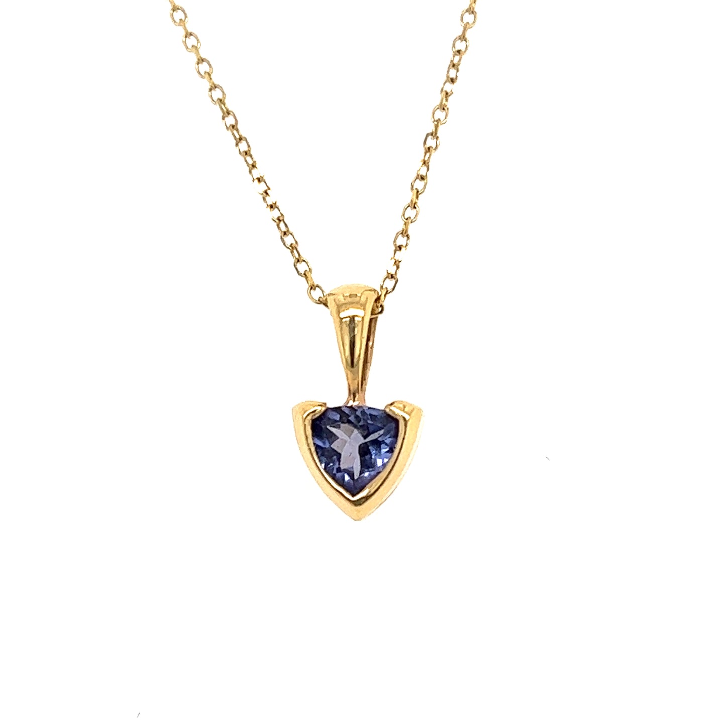 Trillion Tanzanite Pendant in 14K Yellow Gold Front withe Cable Chain View